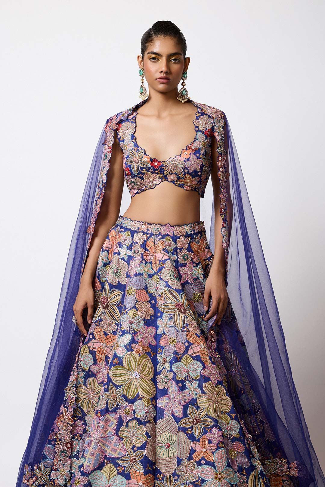Cyanora - Electric Blue Kasab Satin Big Flower Lehenga
