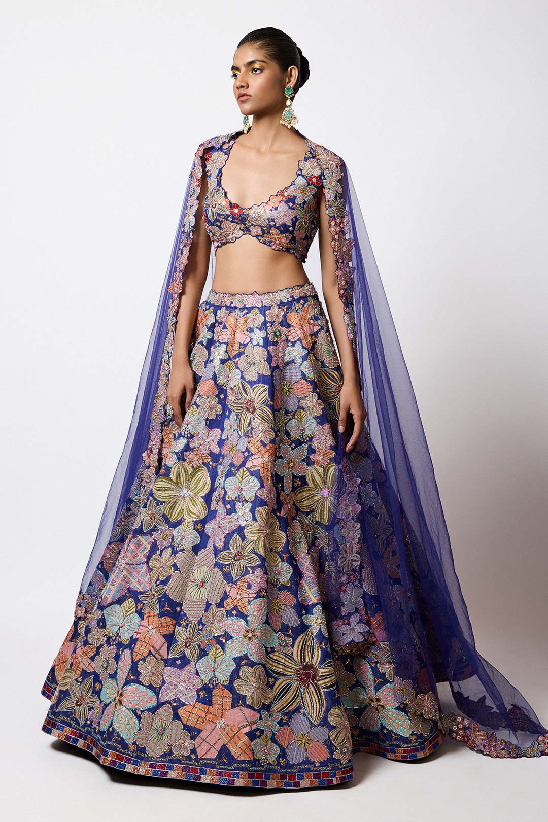 Cyanora - Electric Blue Kasab Satin Big Flower Lehenga