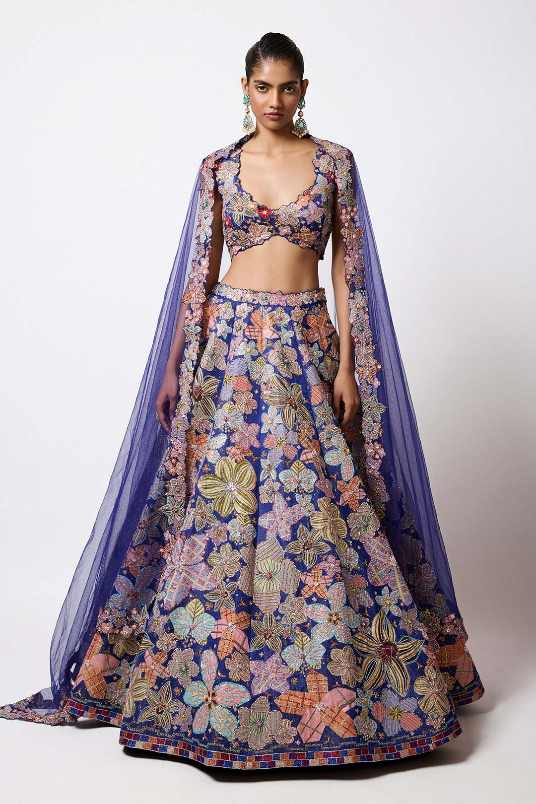 Cyanora - Electric Blue Kasab Satin Big Flower Lehenga