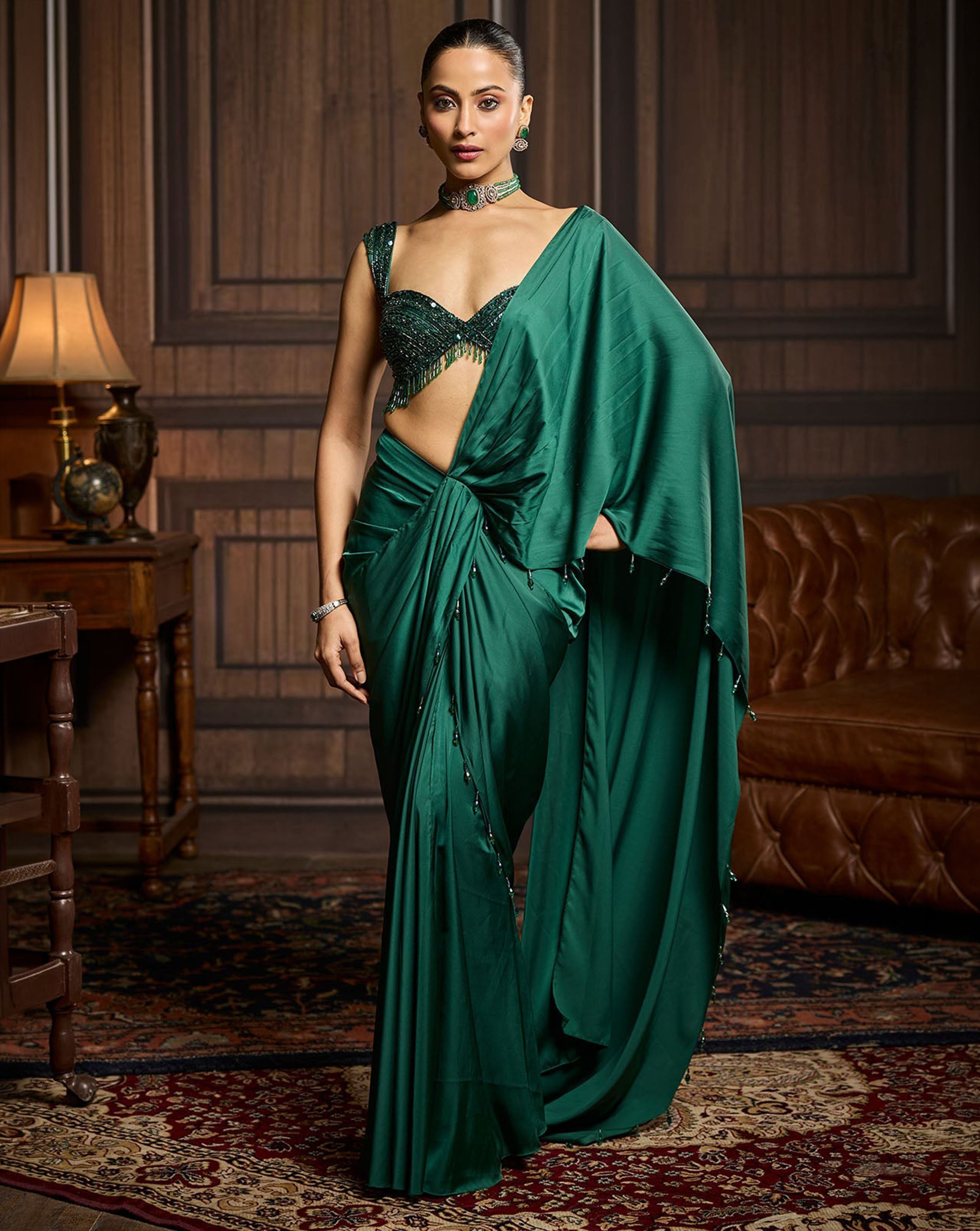Emerald Green Embellished Blouse And Pre-Draped Dhoti Saree Set