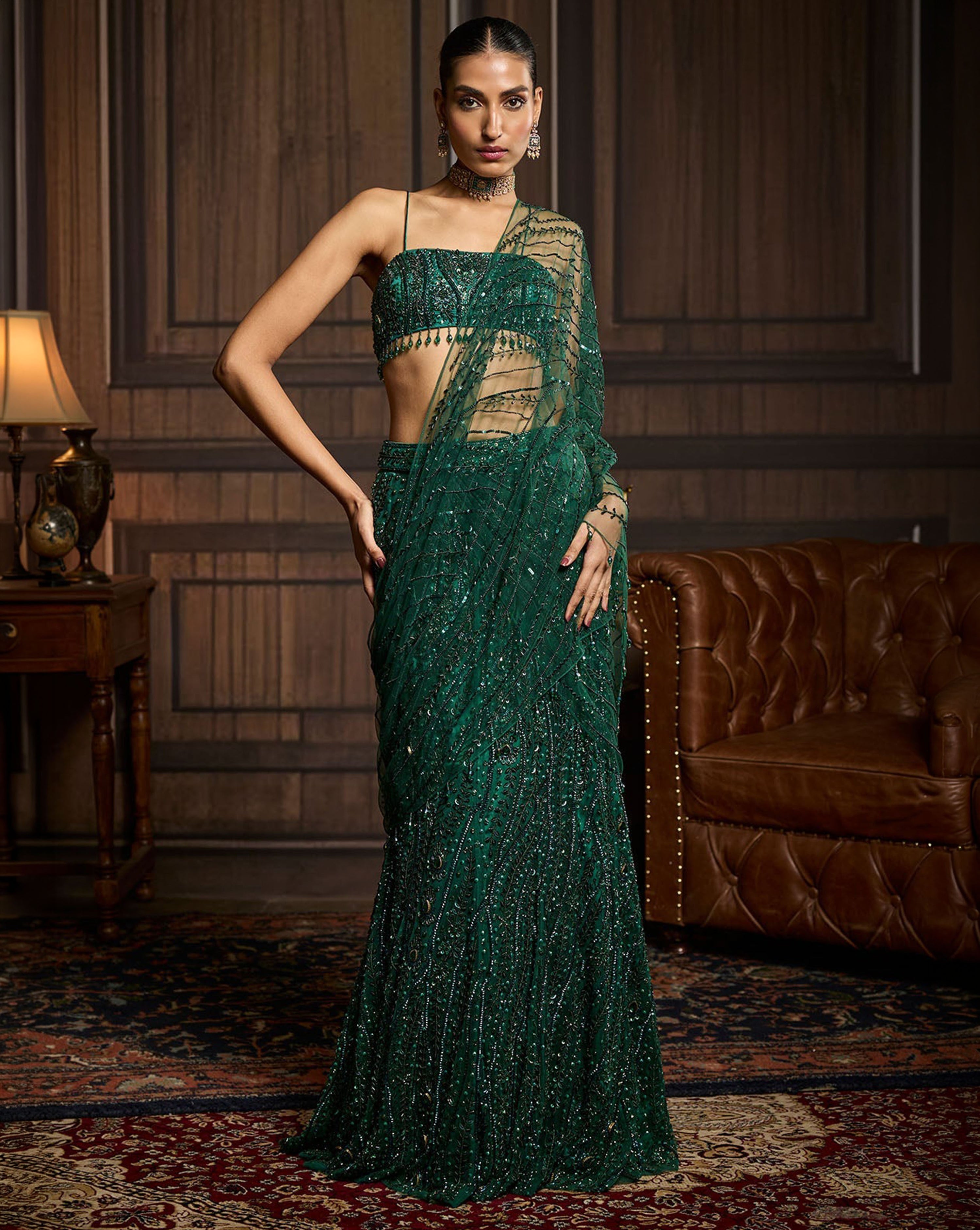Emerald Green Embellished Blouse And Pre-Draped Saree Set