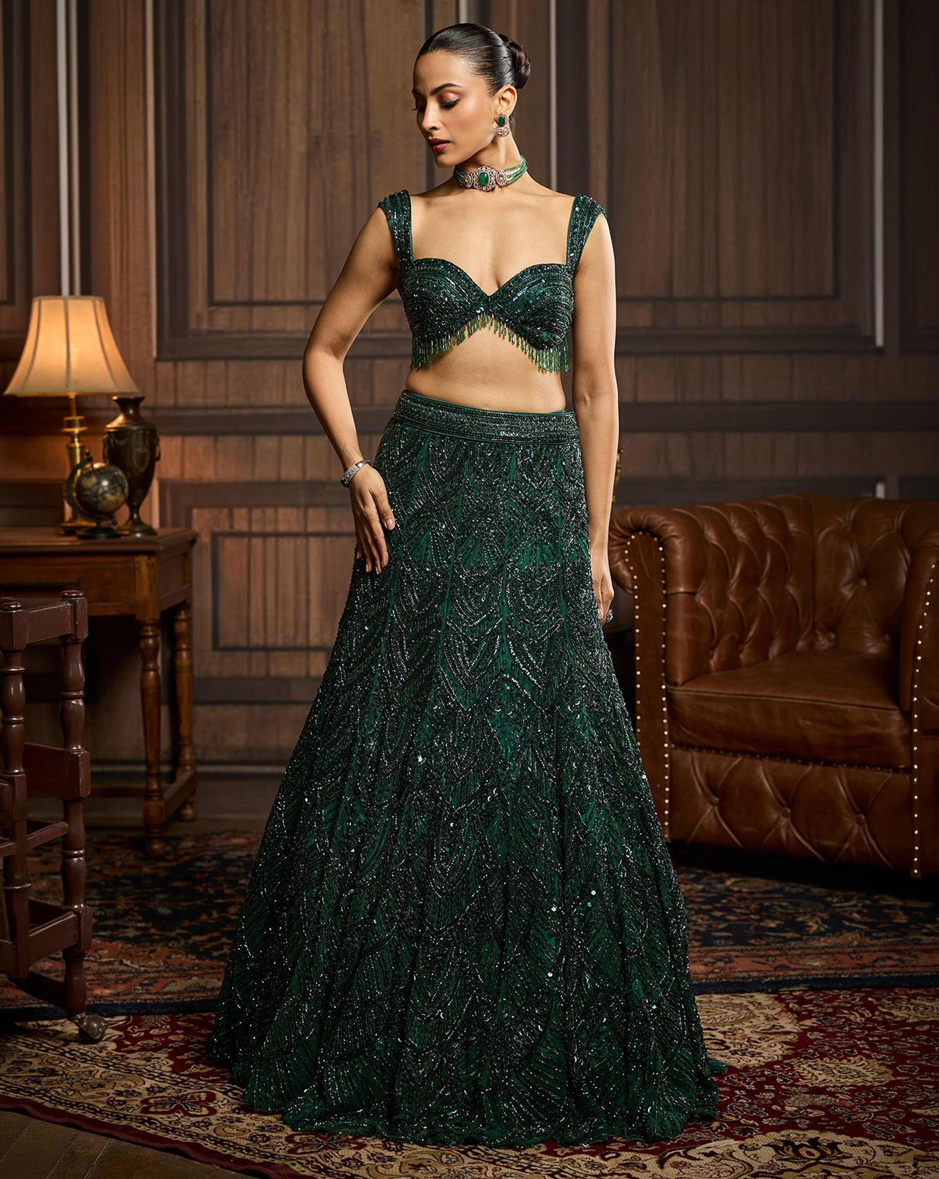 Emerald Green Embellished  Mermaid Skirt Set