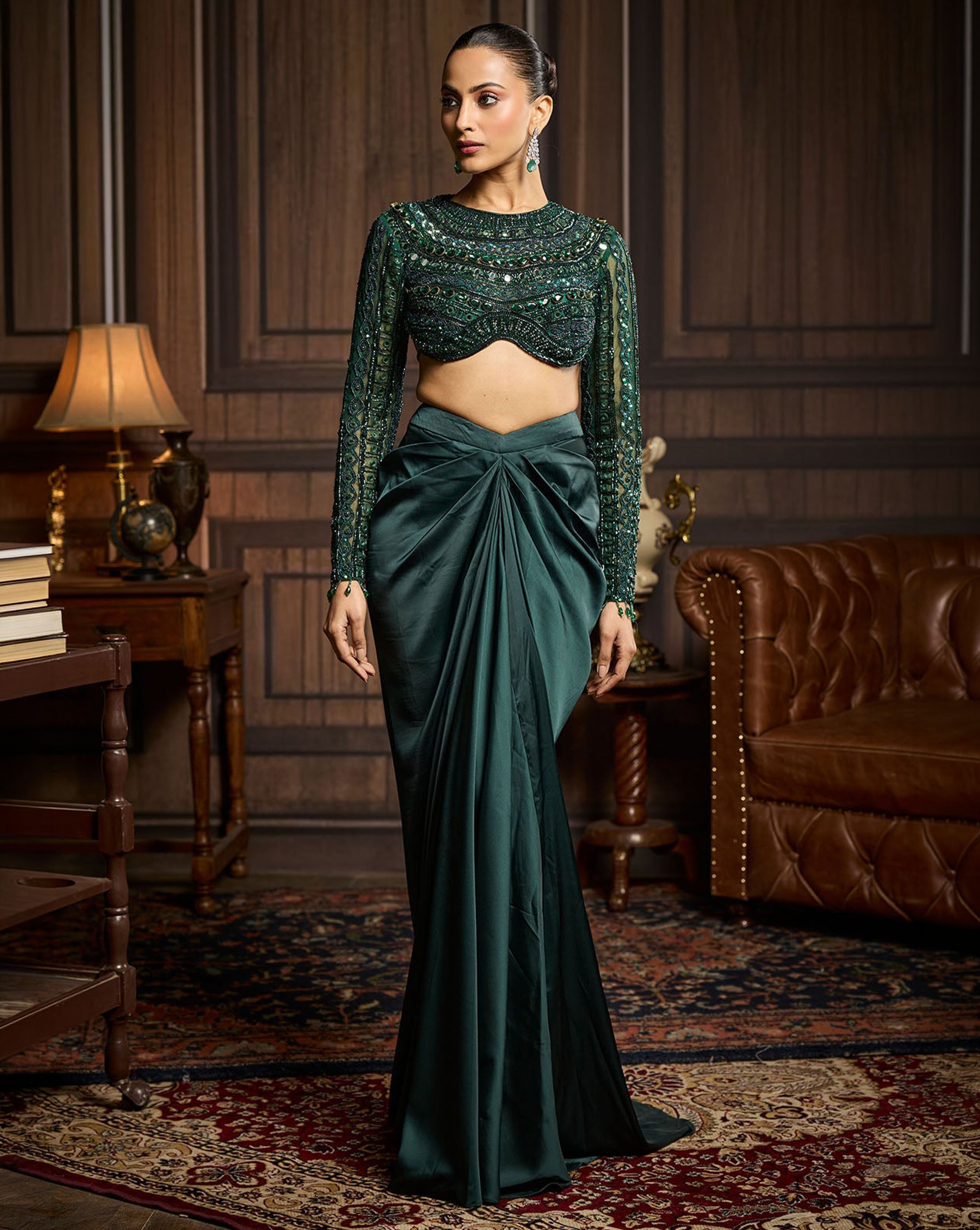 Emerald Green Embroidered Blouse And Draped Skirt Set