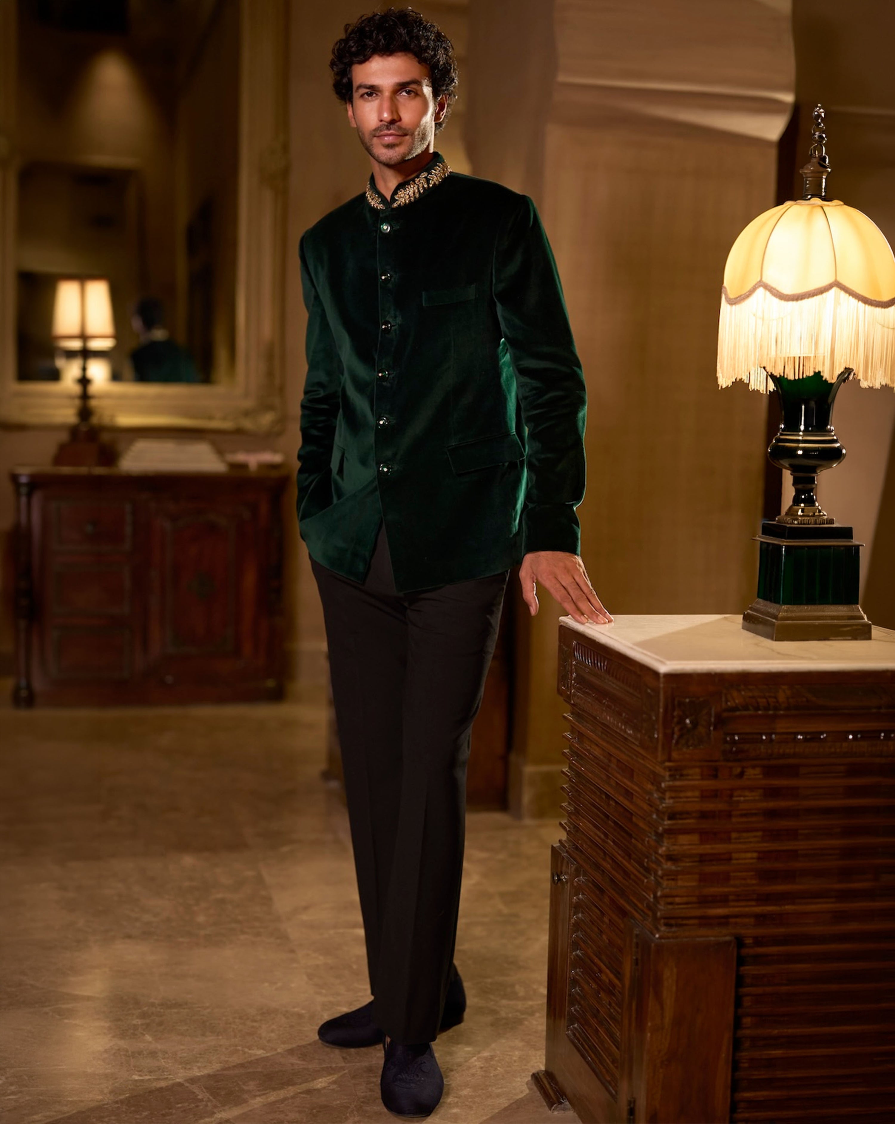 Emerald Green Velvet Bandhgala Set