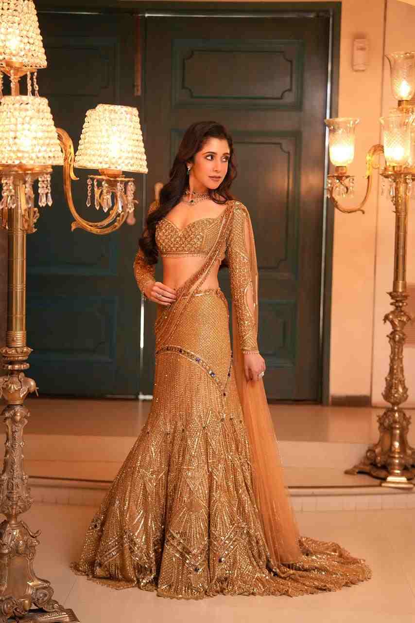 Gold Fishcut Lehenga with trail
