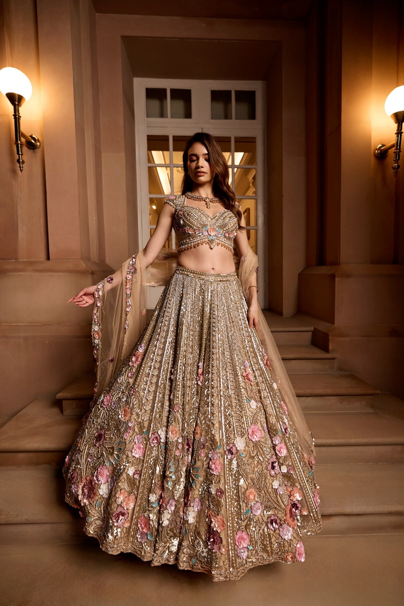 Gold Multicolour 3d Embroidered Zinnia Lehenga Set