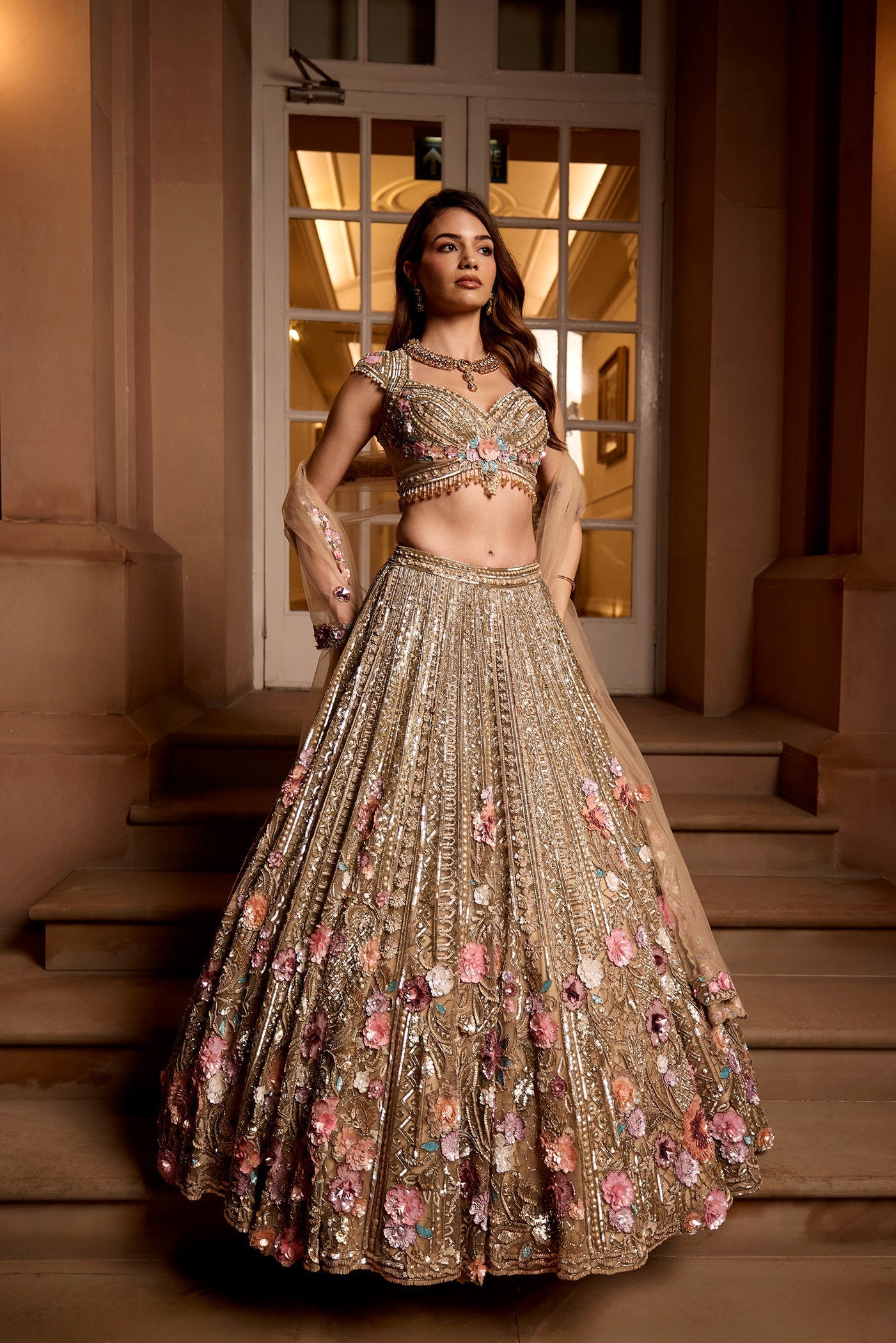 Gold Multicolour 3d Embroidered Zinnia Lehenga Set