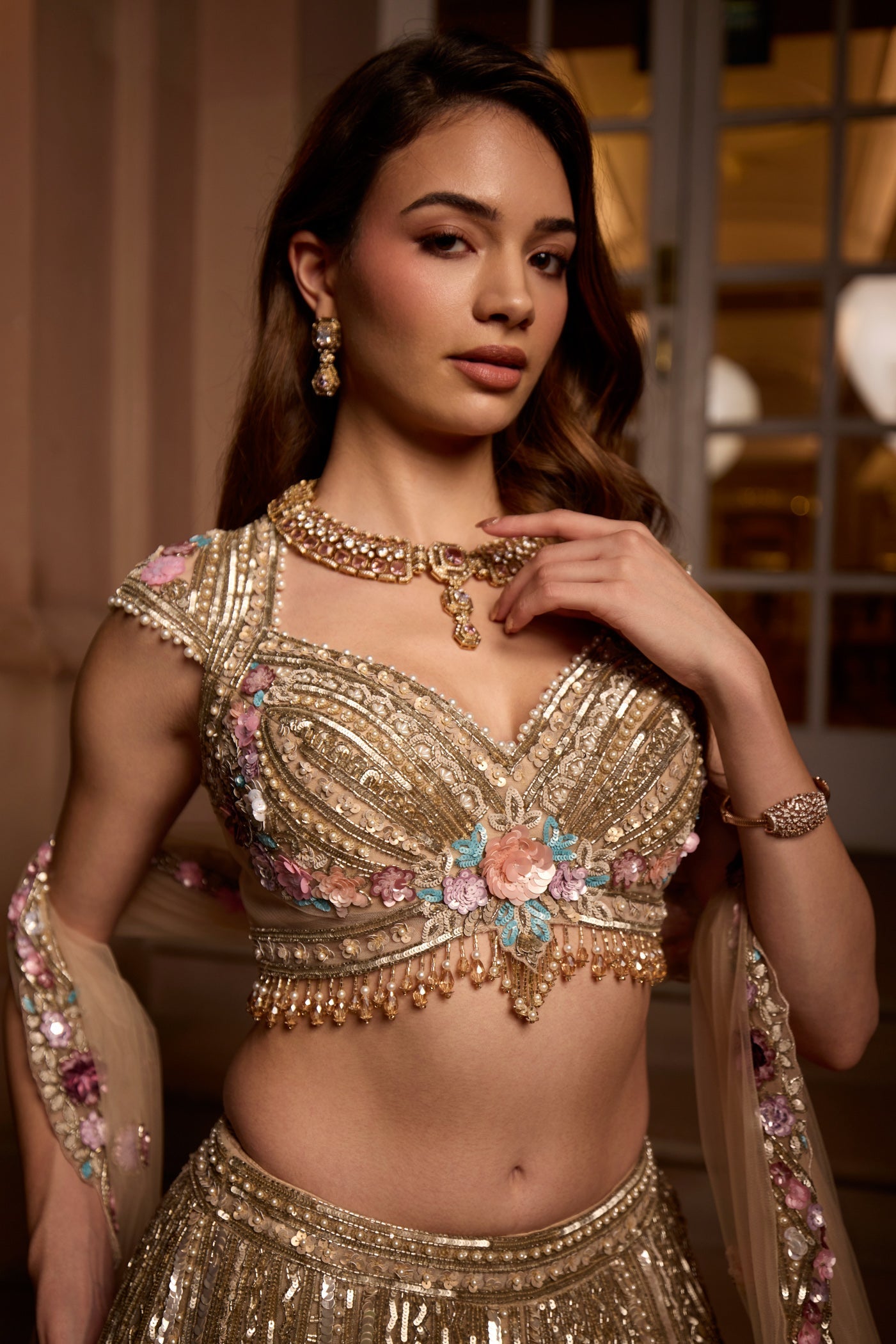 Gold Multicolour 3d Embroidered Zinnia Lehenga Set