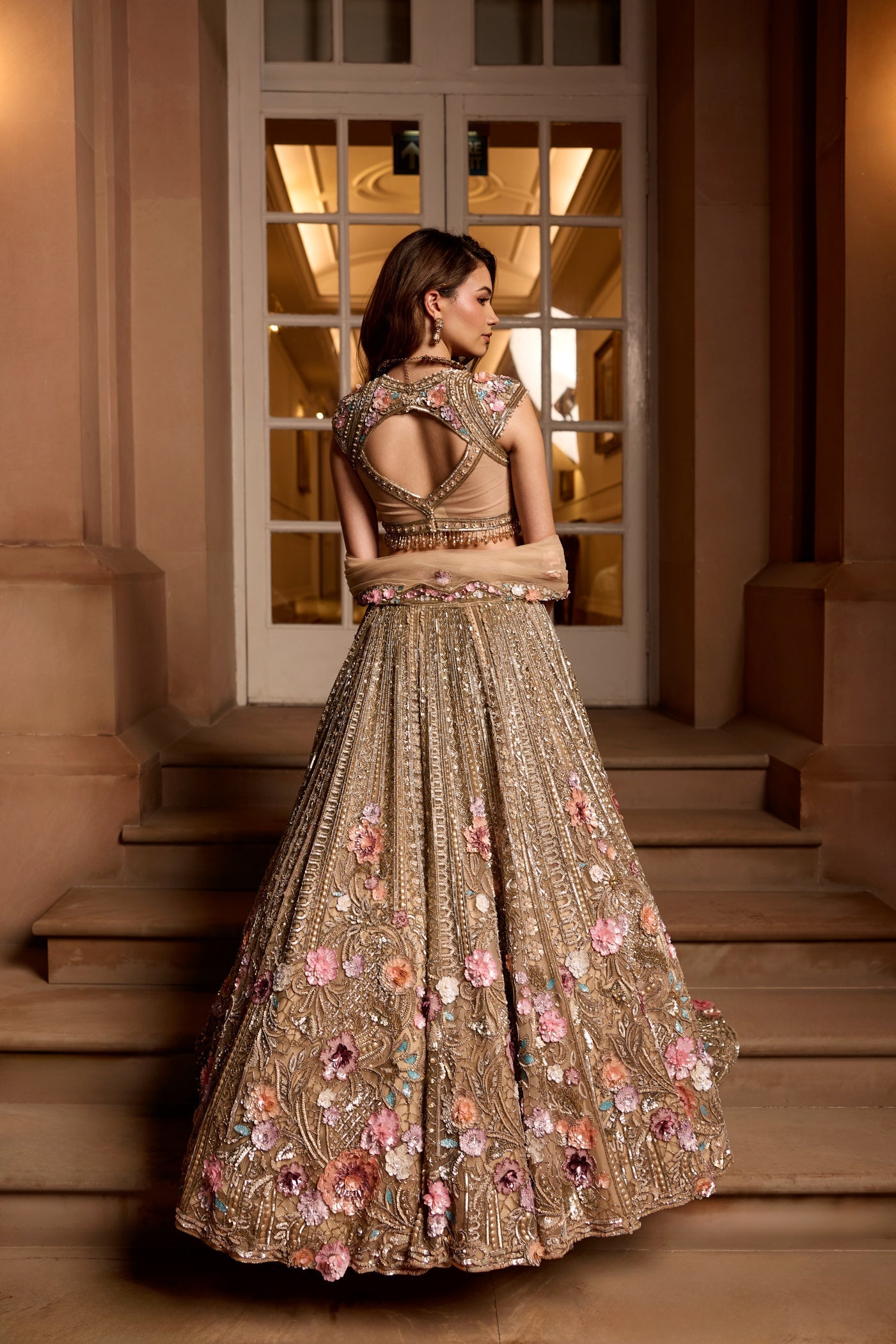 Gold Multicolour 3d Embroidered Zinnia Lehenga Set