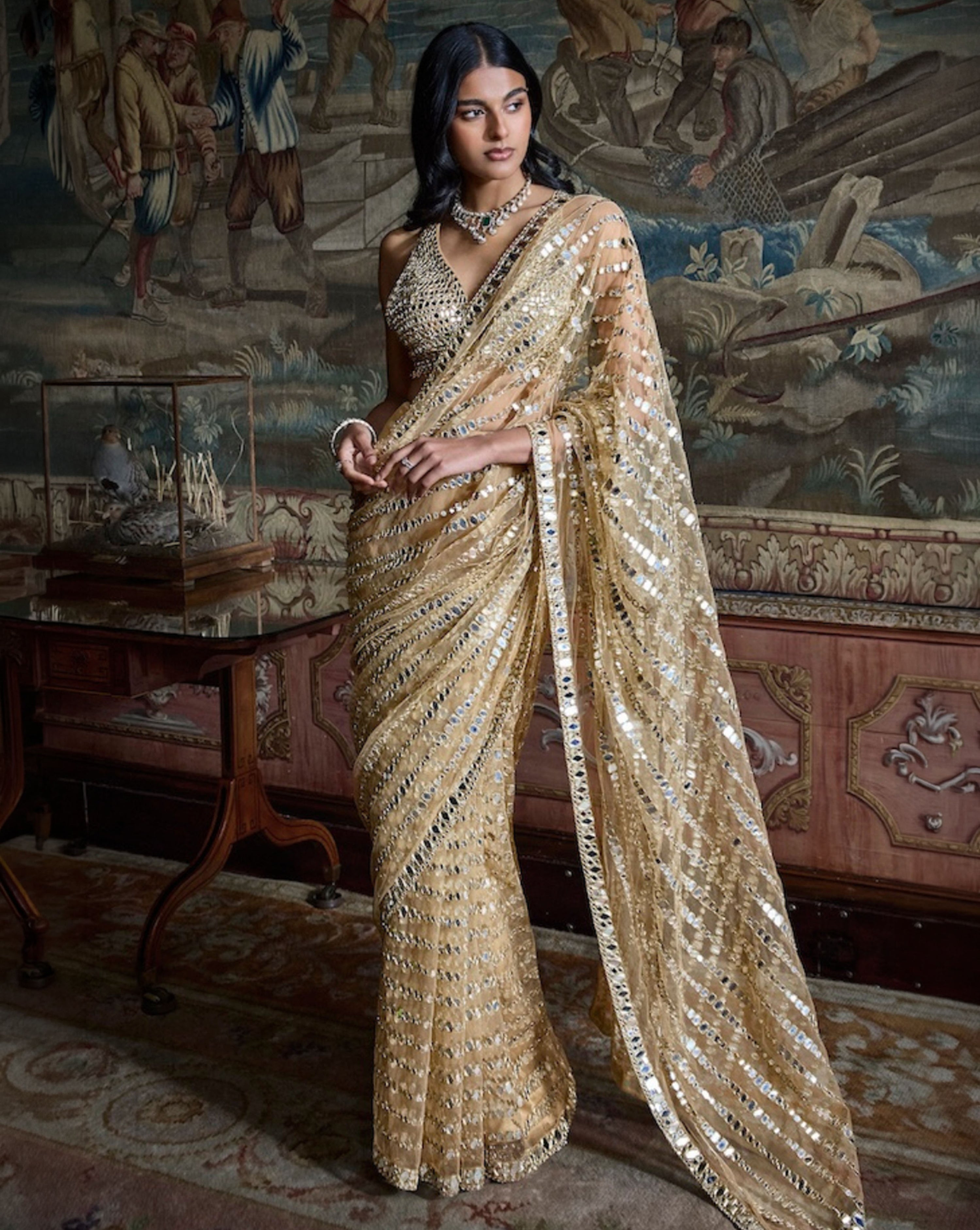 Gold Mirror Work Saree
