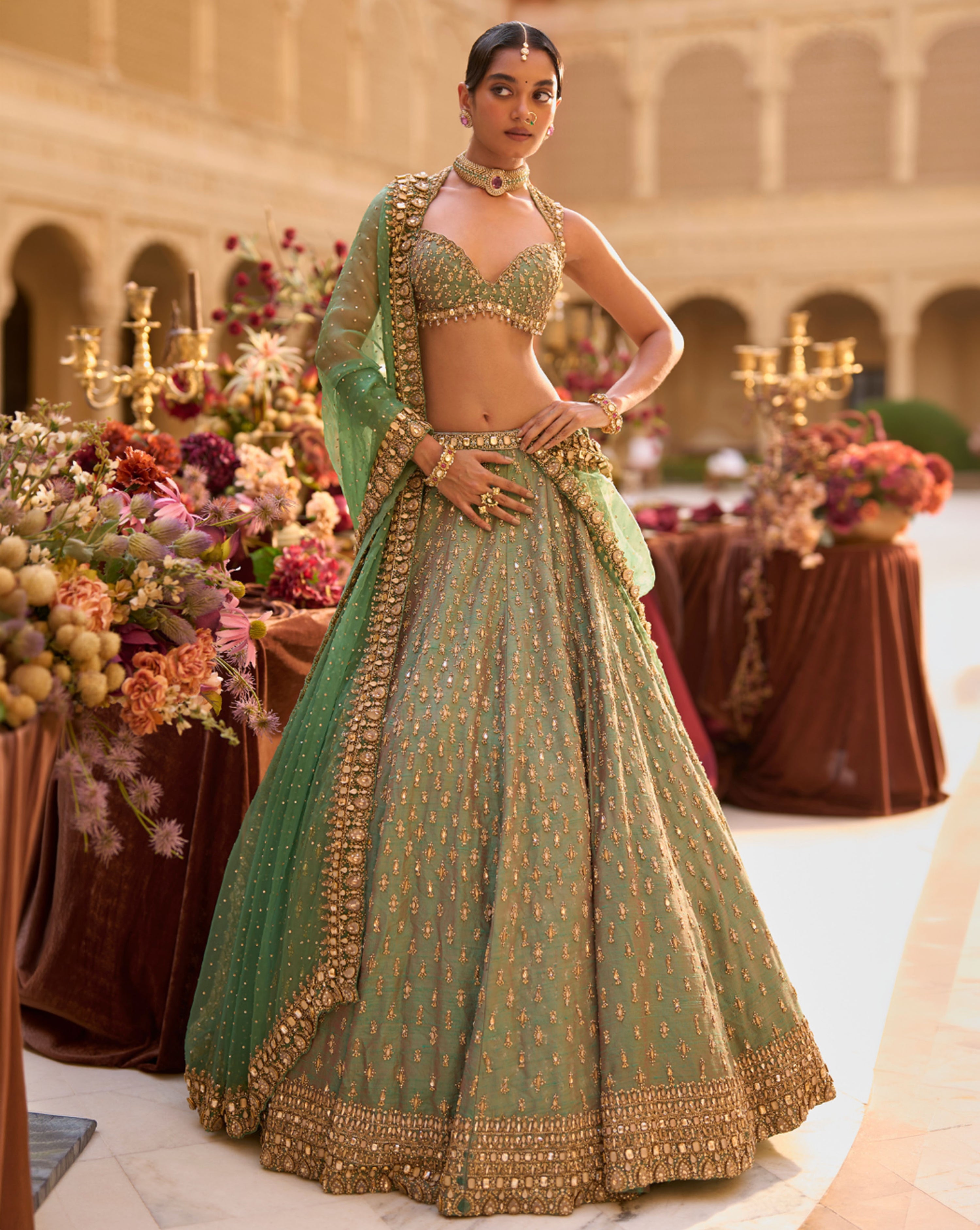 Green Gold Zardosi Lehenga Set