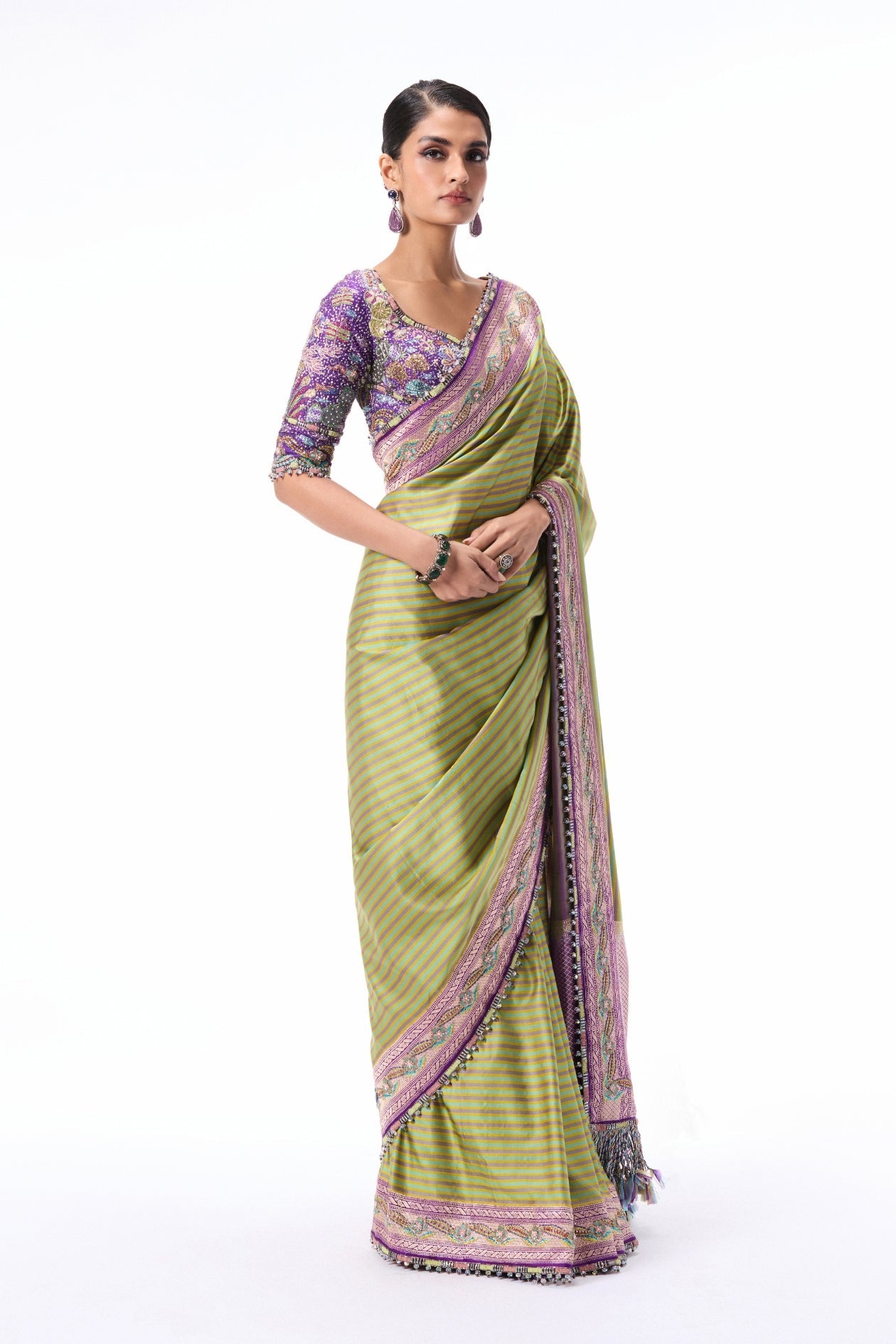 Auraheart - Green-Purple Banarasi Silk Saree
