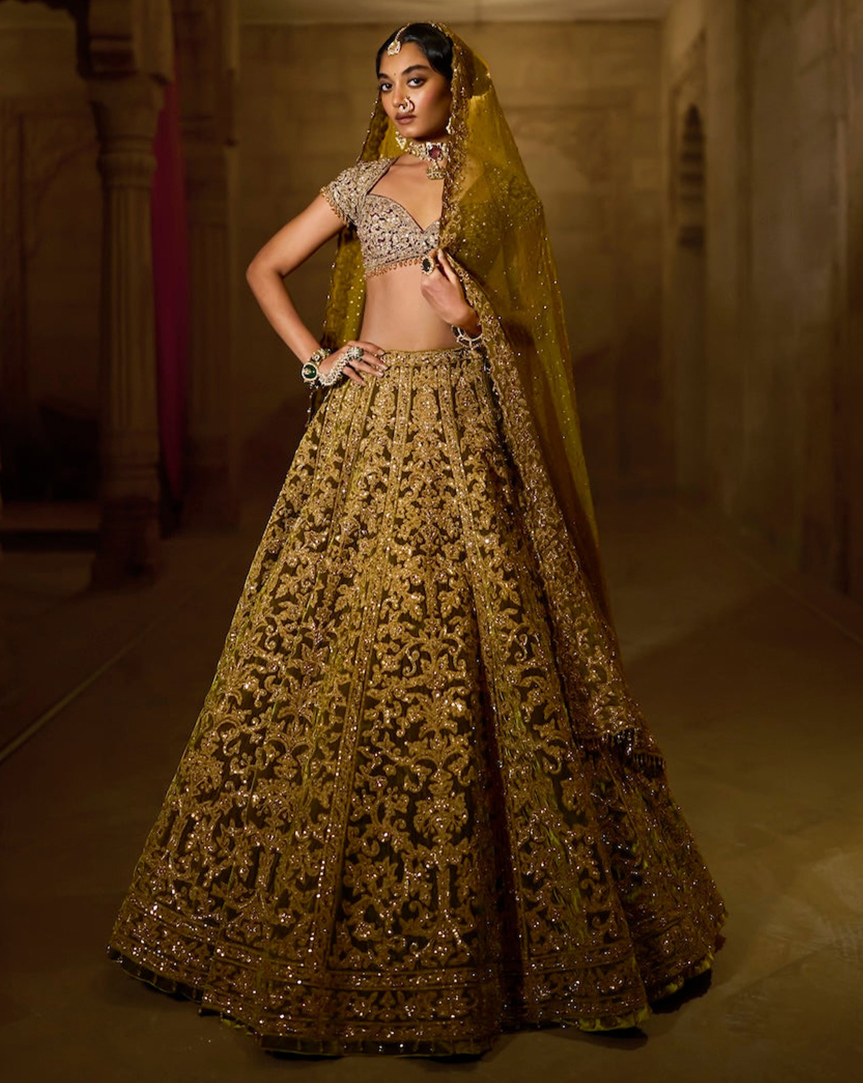 Green Velvet Zardosi Lehenga Set