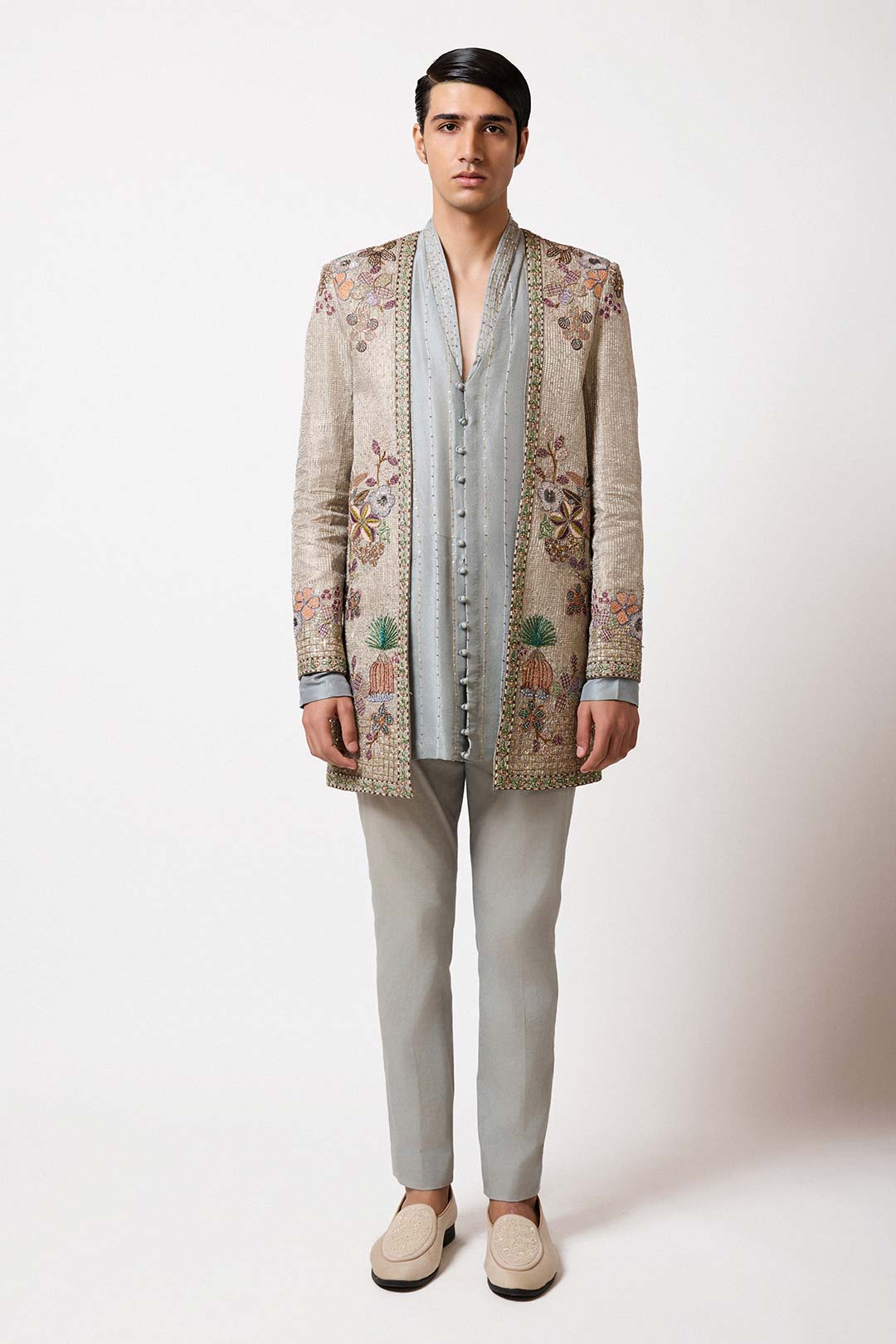 Cypres - Grey Blue Banarasi Tissue Brocade Open Jacket