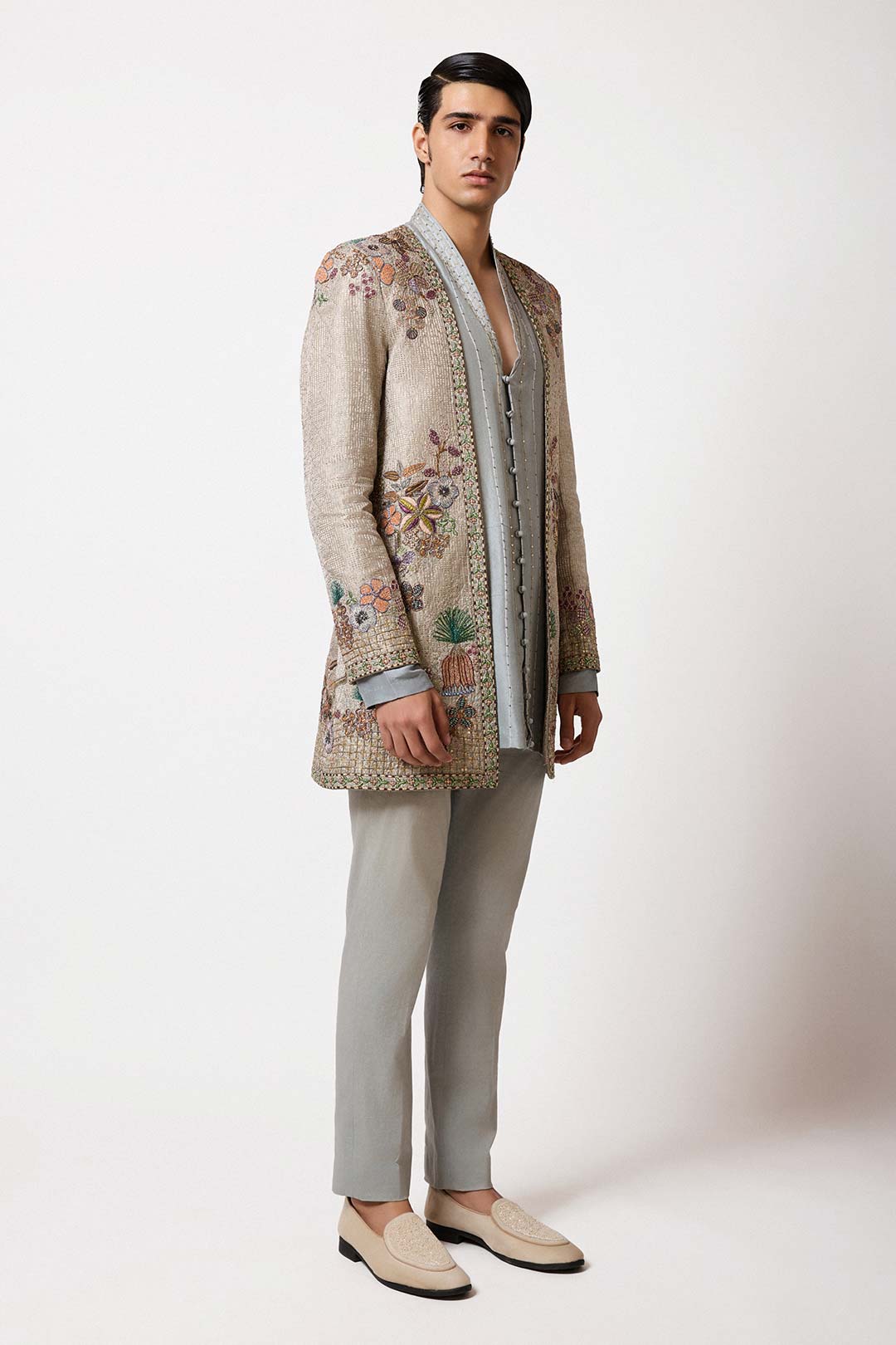Cypres - Grey Blue Banarasi Tissue Brocade Open Jacket
