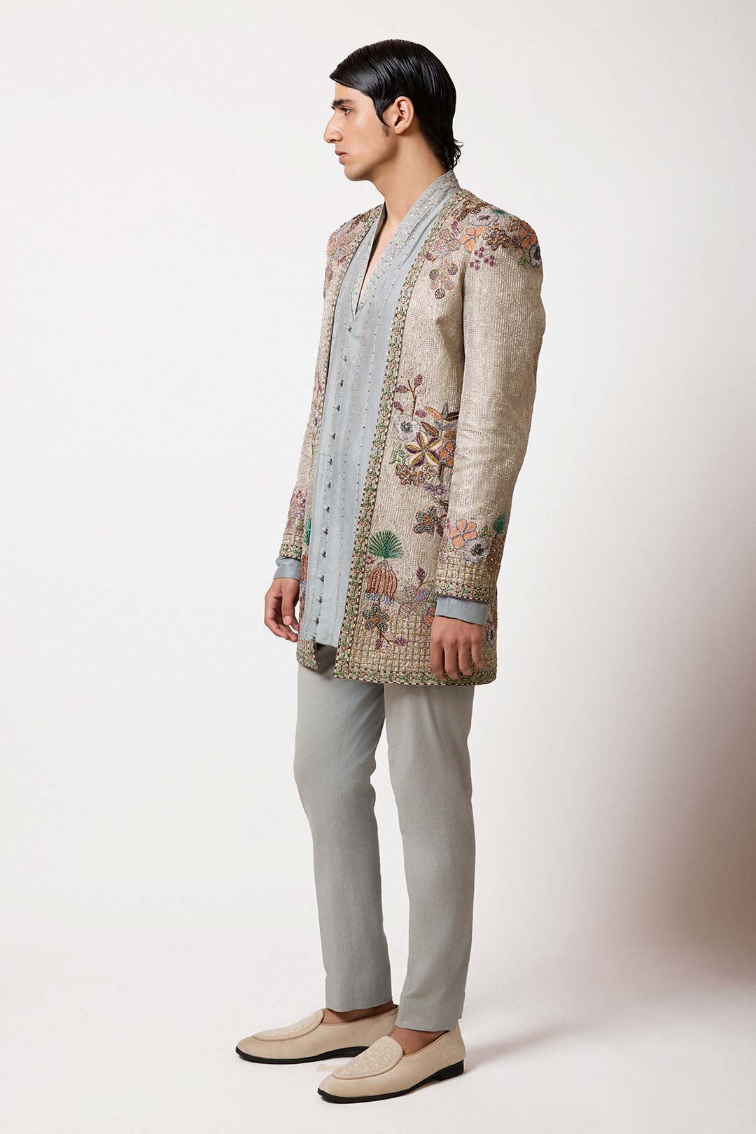 Cypres - Grey Blue Banarasi Tissue Brocade Open Jacket