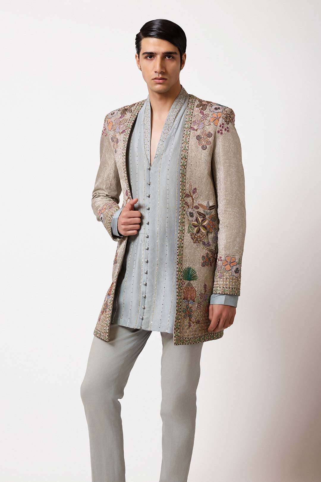 Cypres - Grey Blue Banarasi Tissue Brocade Open Jacket