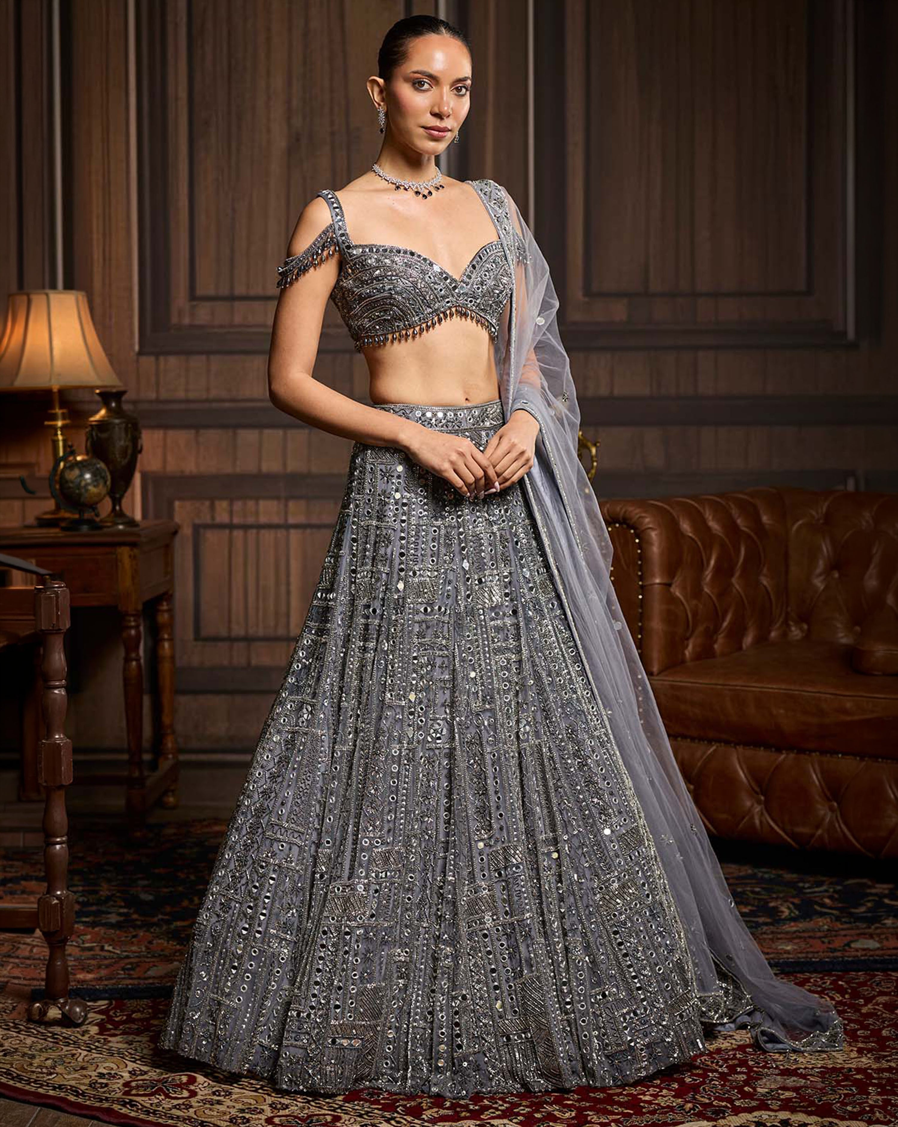Gunmetal Embellished Mirrorwork Lehenga Set
