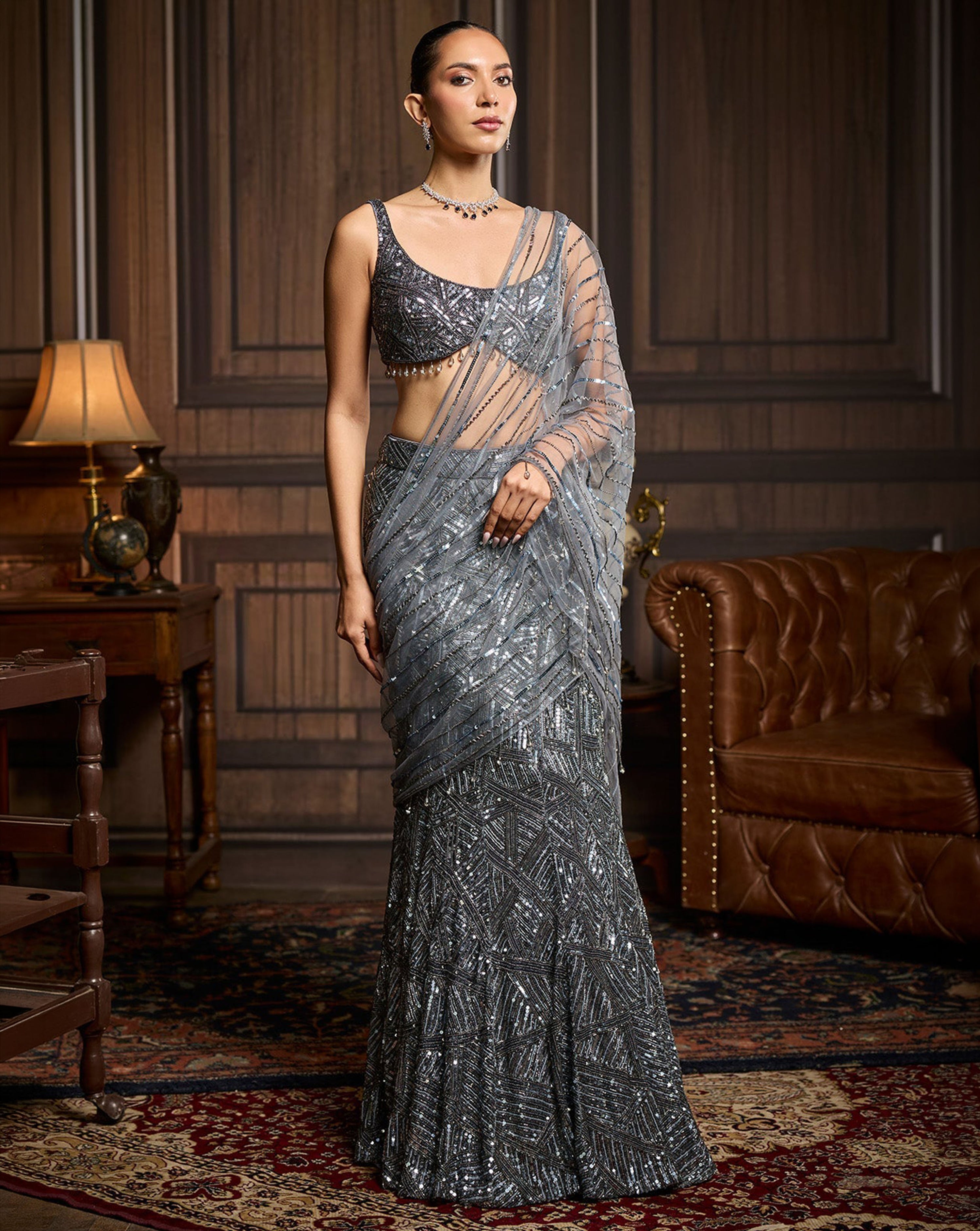 Gunmetal Embellished Pre-Draped Skirt Saree Set