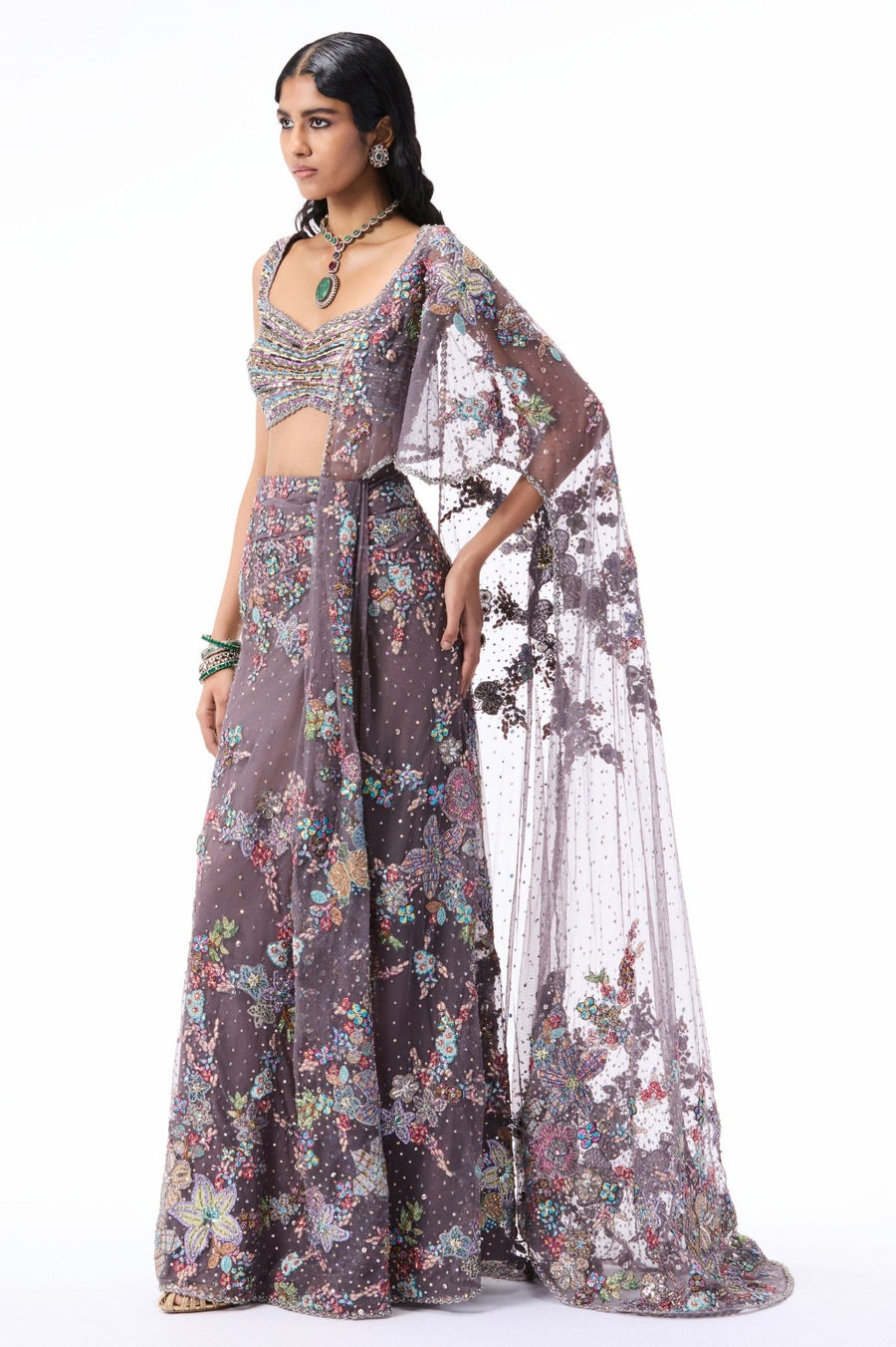 Rosemist - Gunmetal Tulle Drape Saree - Ready to Ship