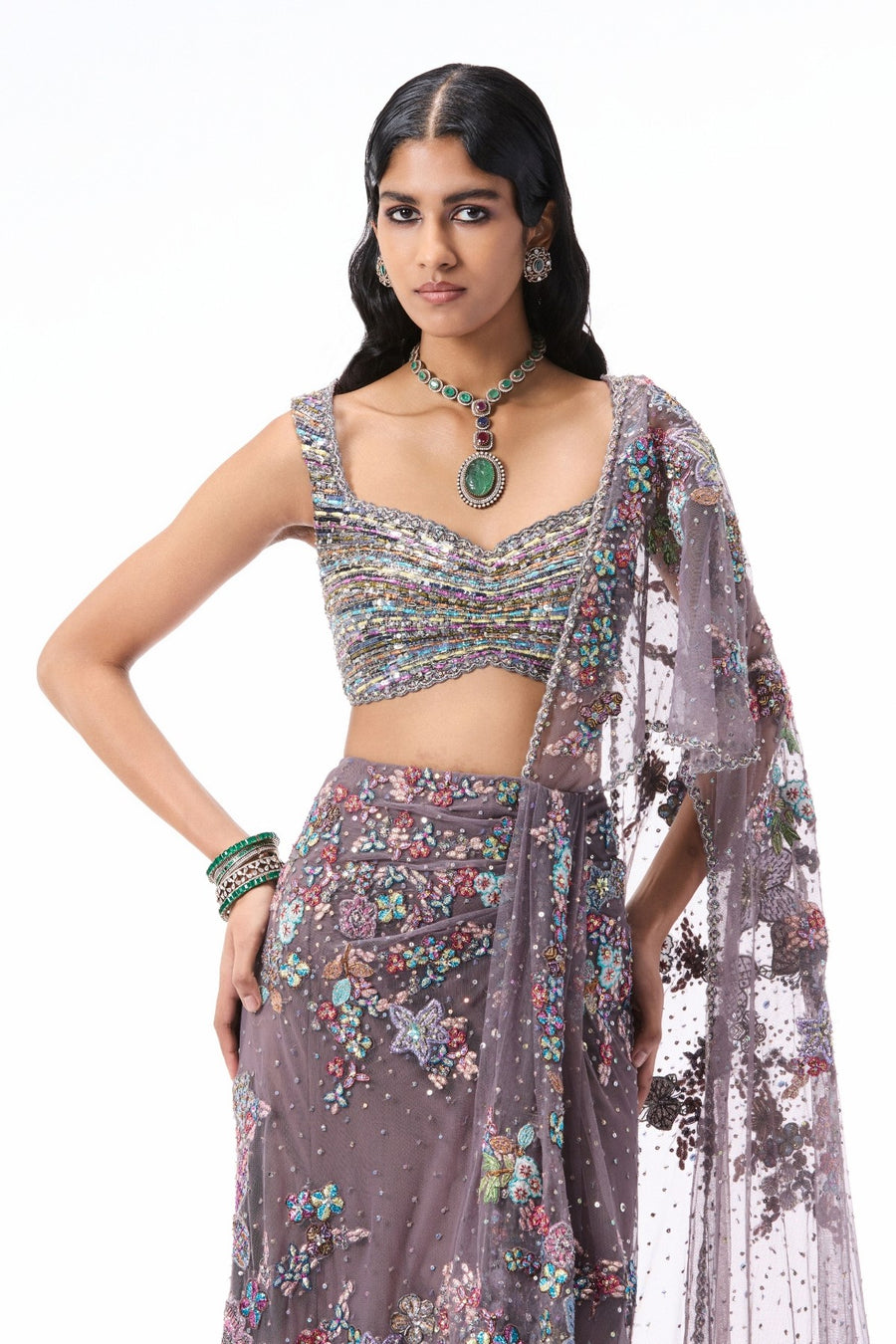 Rosemist - Gunmetal Tulle Drape Saree - Ready to Ship