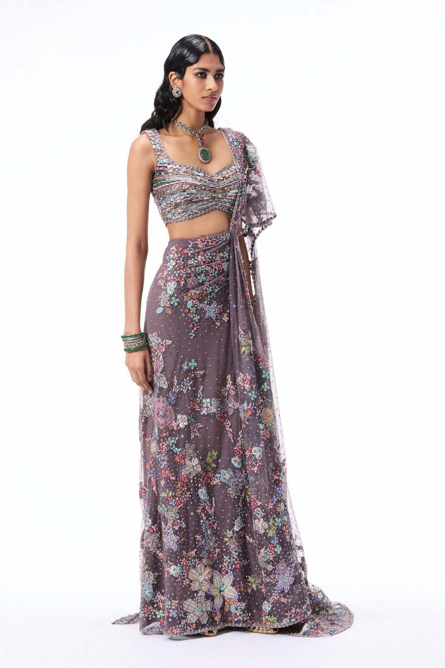 Rosemist - Gunmetal Tulle Drape Saree - Ready to Ship