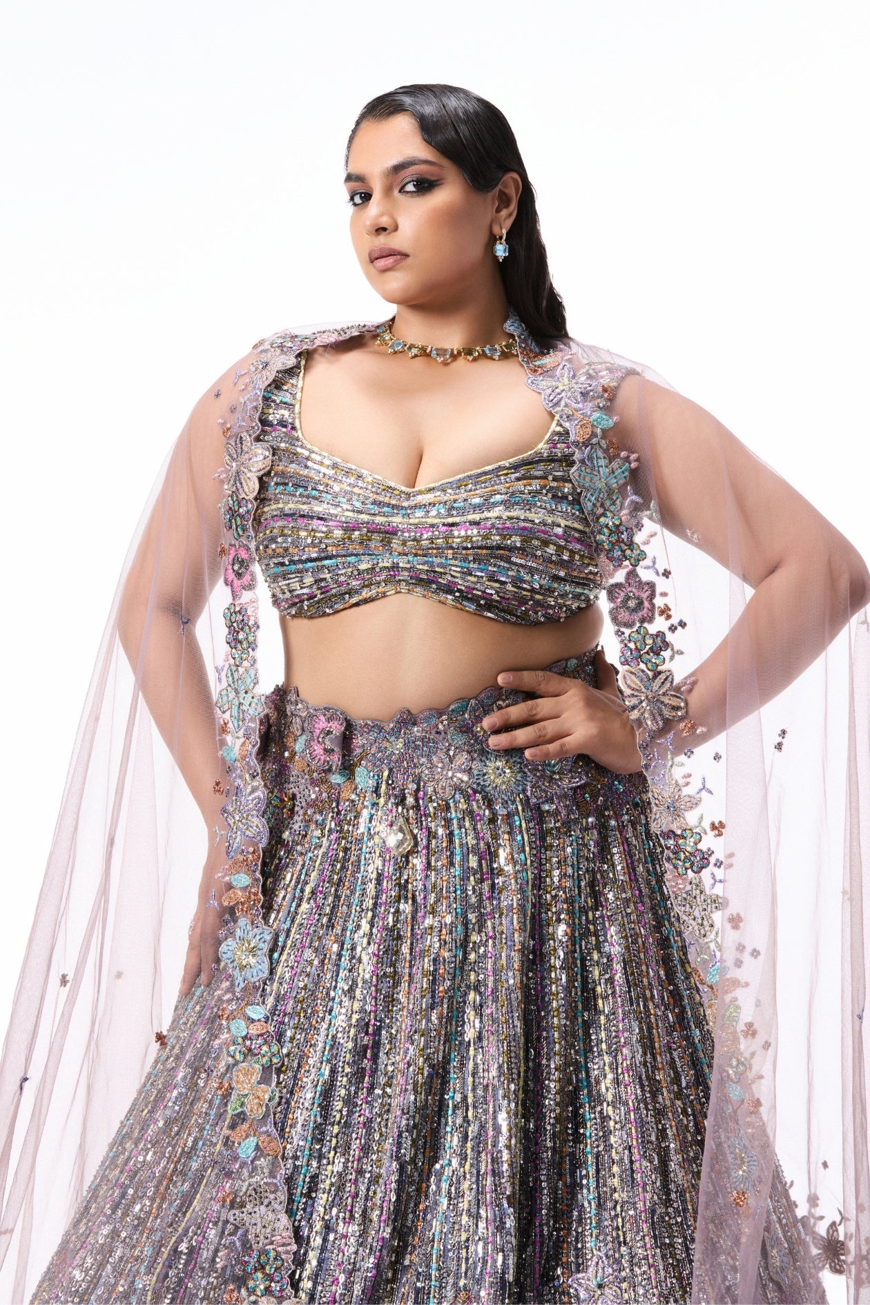 Wildbloom - gunmetal organza lehenga