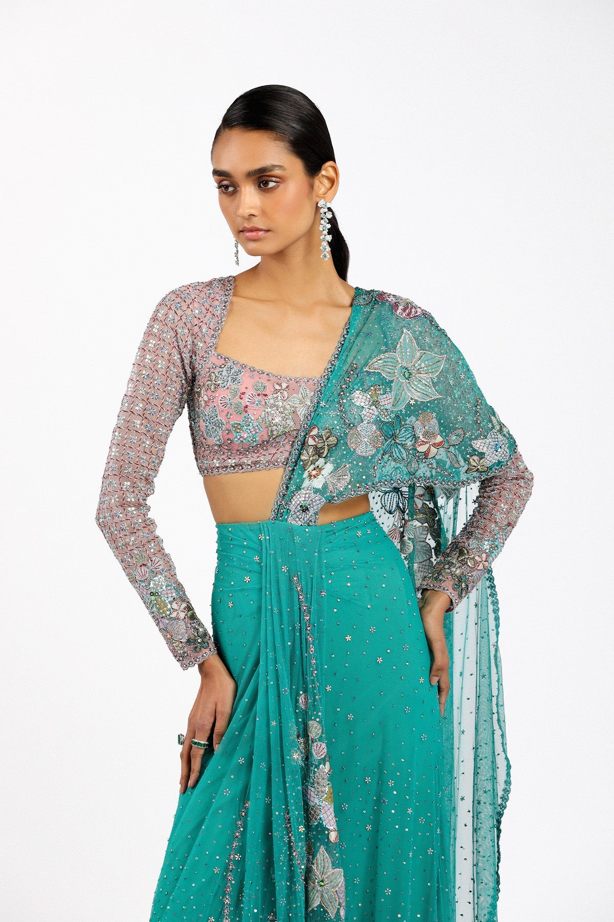 Myrielle - Turq-Pink Tulle Saree