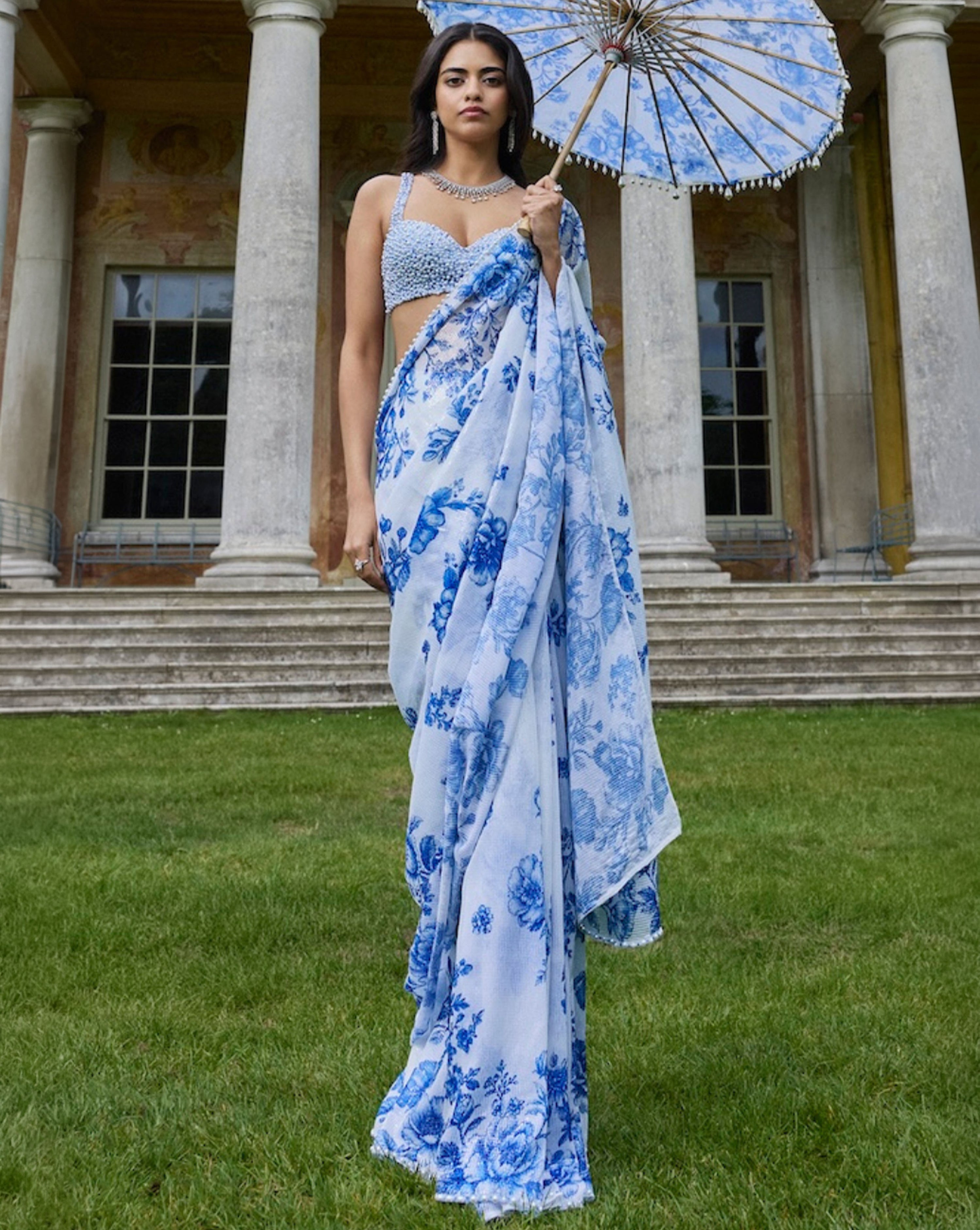 Ivory & Blue Sequin Saree