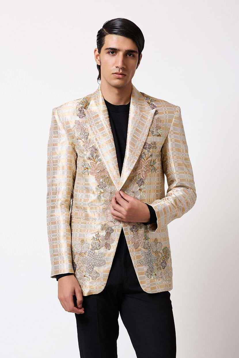 Velnoir - Ivory Gold Banarasi Tissue Brocade Blazer