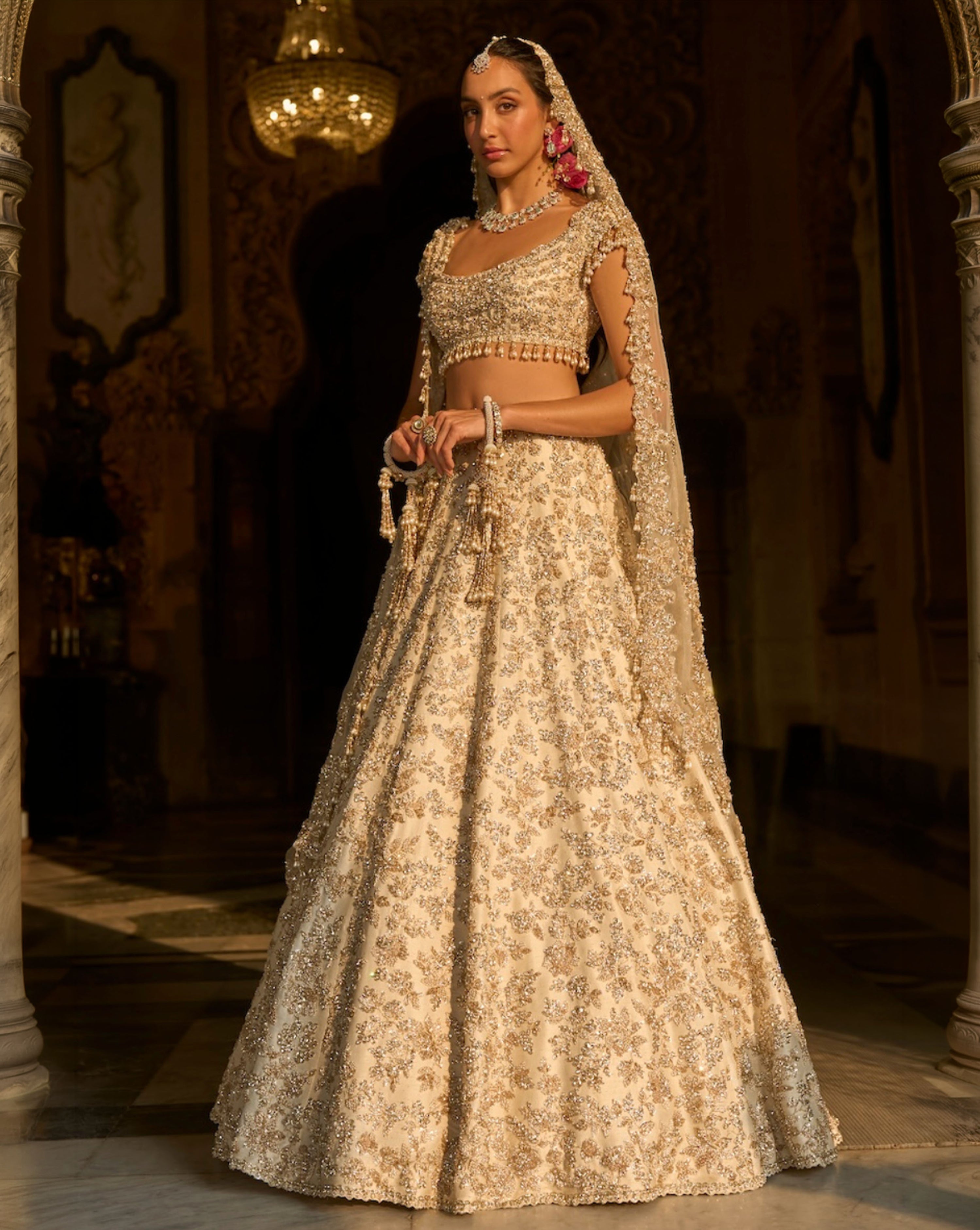 Ivory Gold Floral Zardosi Lehenga Set