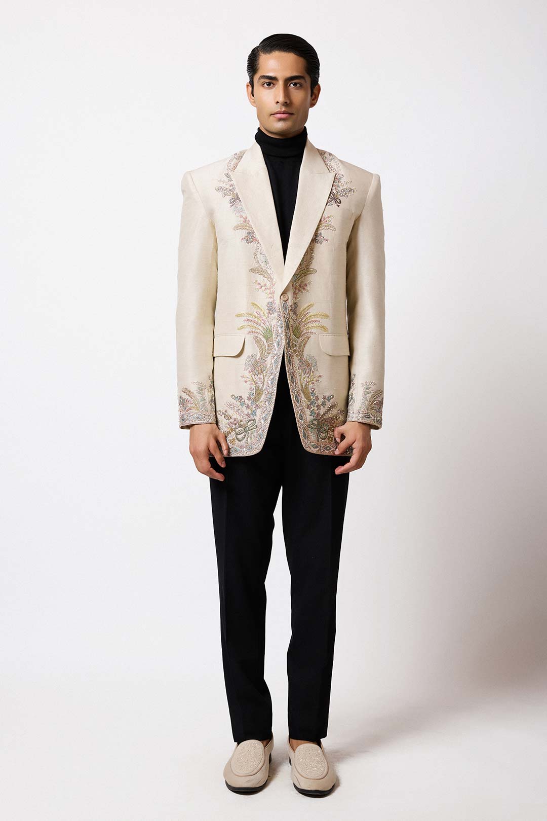 Elric - Ivory Applique Raw Silk Blazer