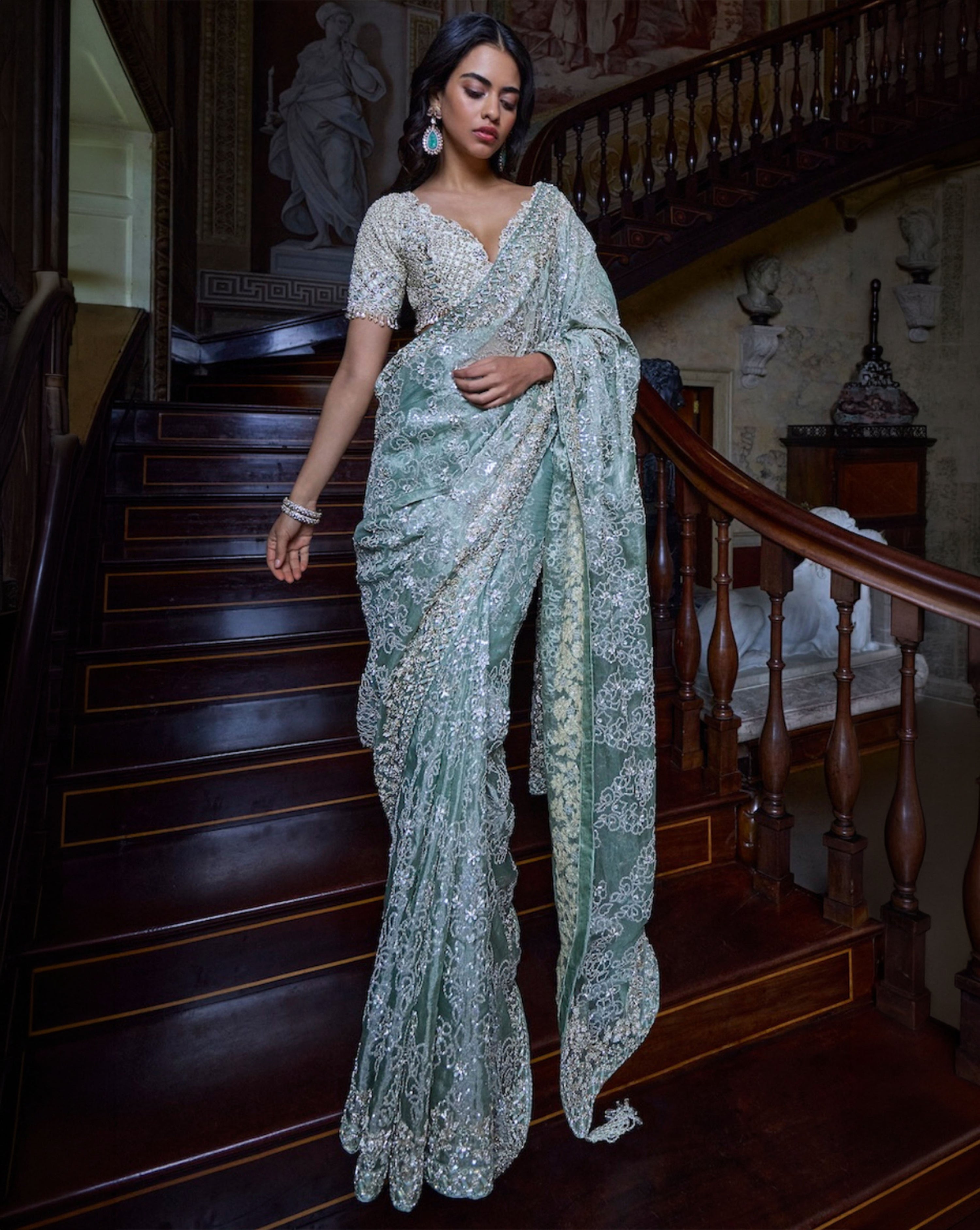 Ivory Sage Zardosi Saree