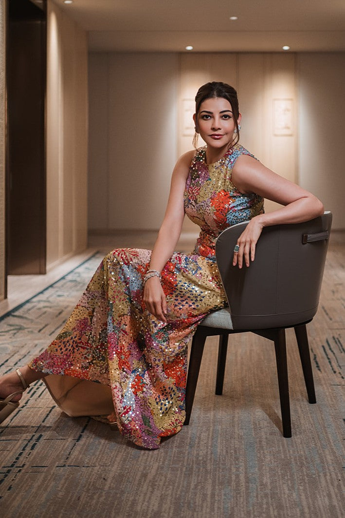 kajal aggarwal in Lunavia - multicolour printed sequin georgette gown