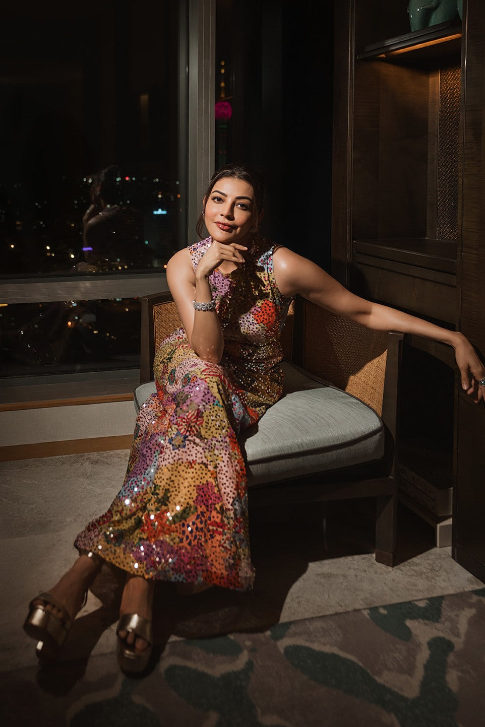 kajal aggarwal in Lunavia - multicolour printed sequin georgette gown