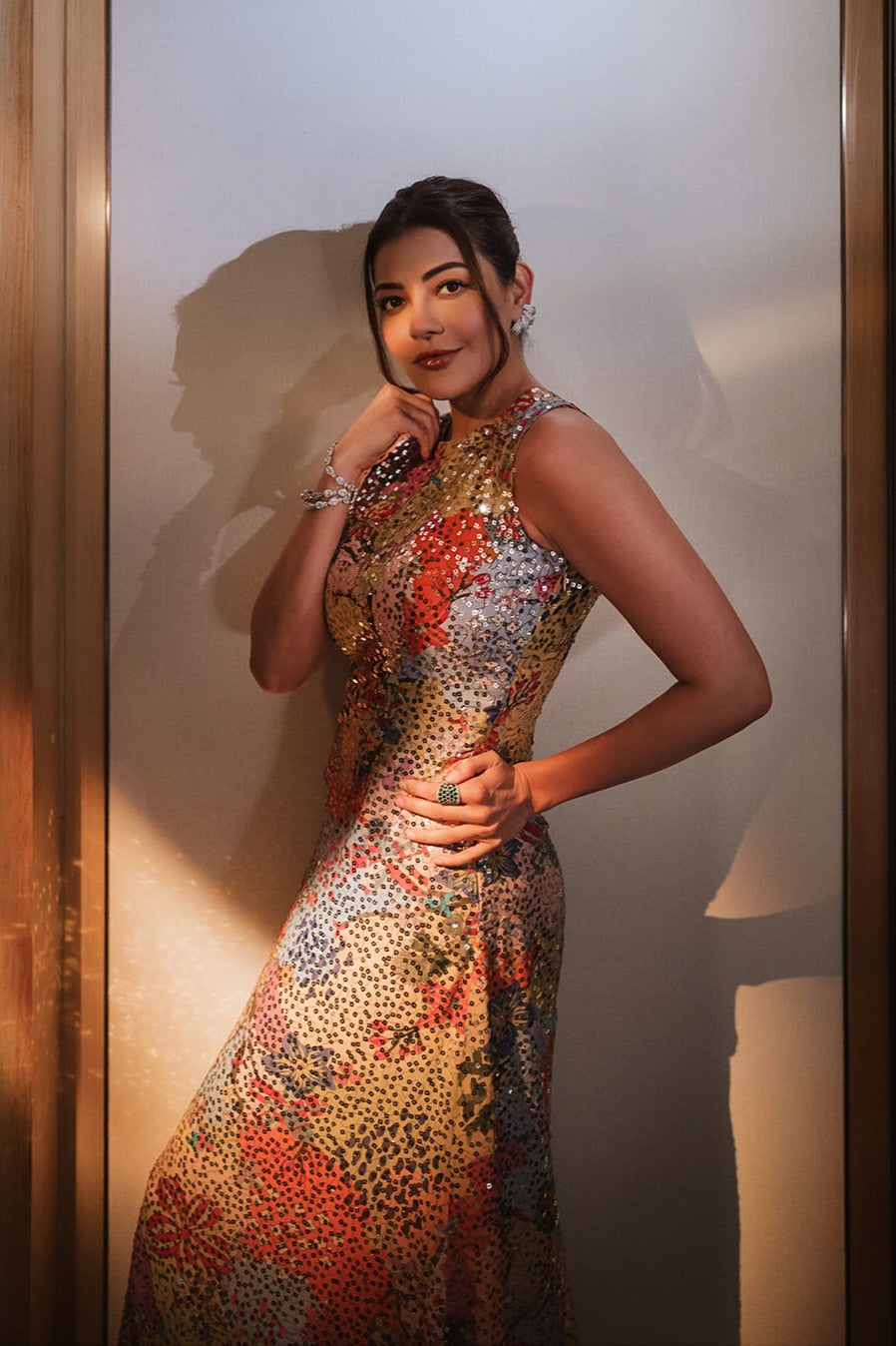kajal aggarwal in Lunavia - multicolour printed sequin georgette gown