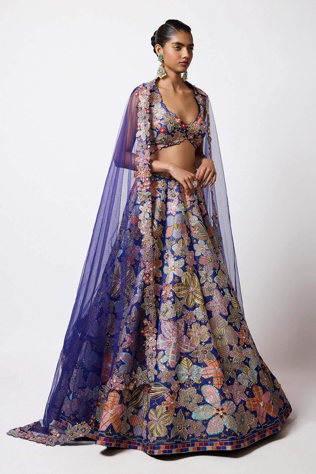 Cyanora - Electric Blue Kasab Satin Big Flower Lehenga