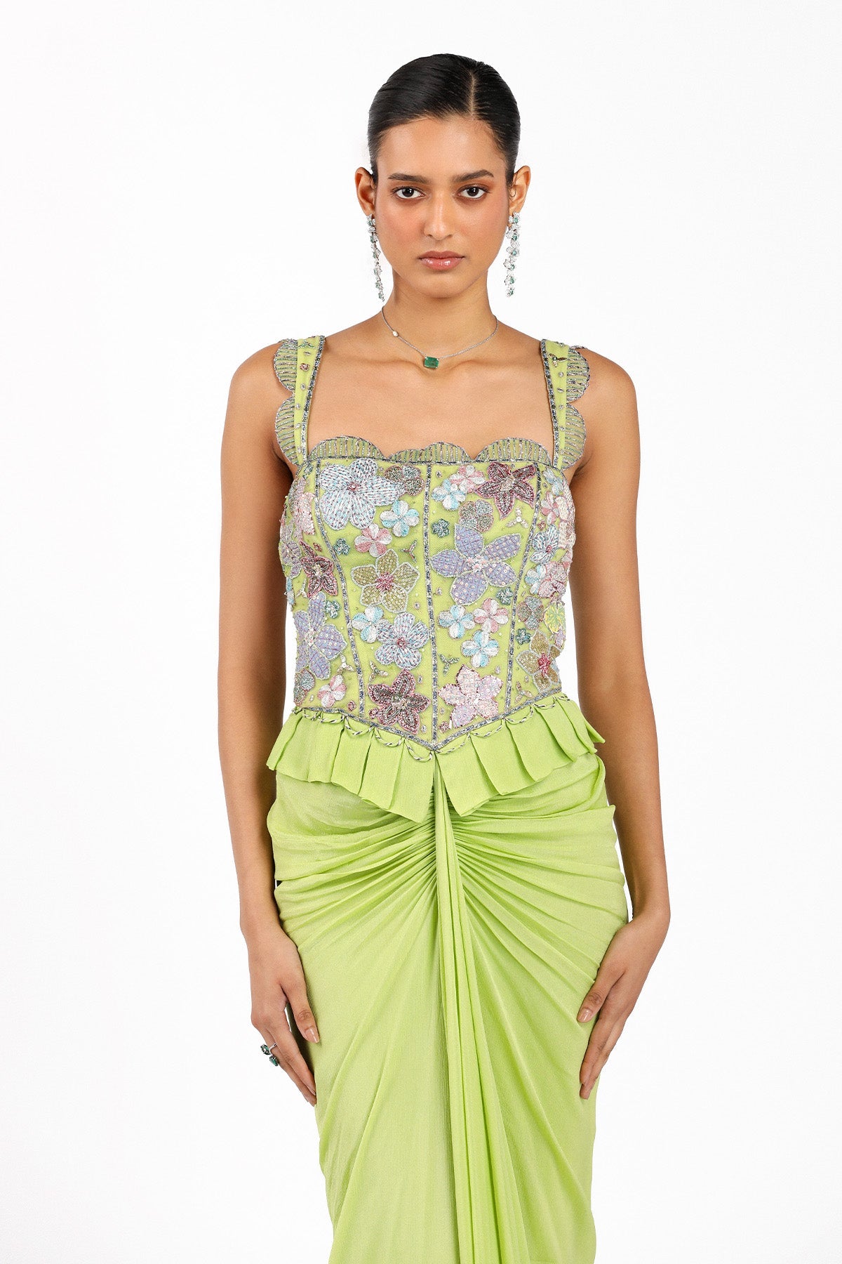 YsŽlie - Lime Green Chiffon Pleated Skirted Gown