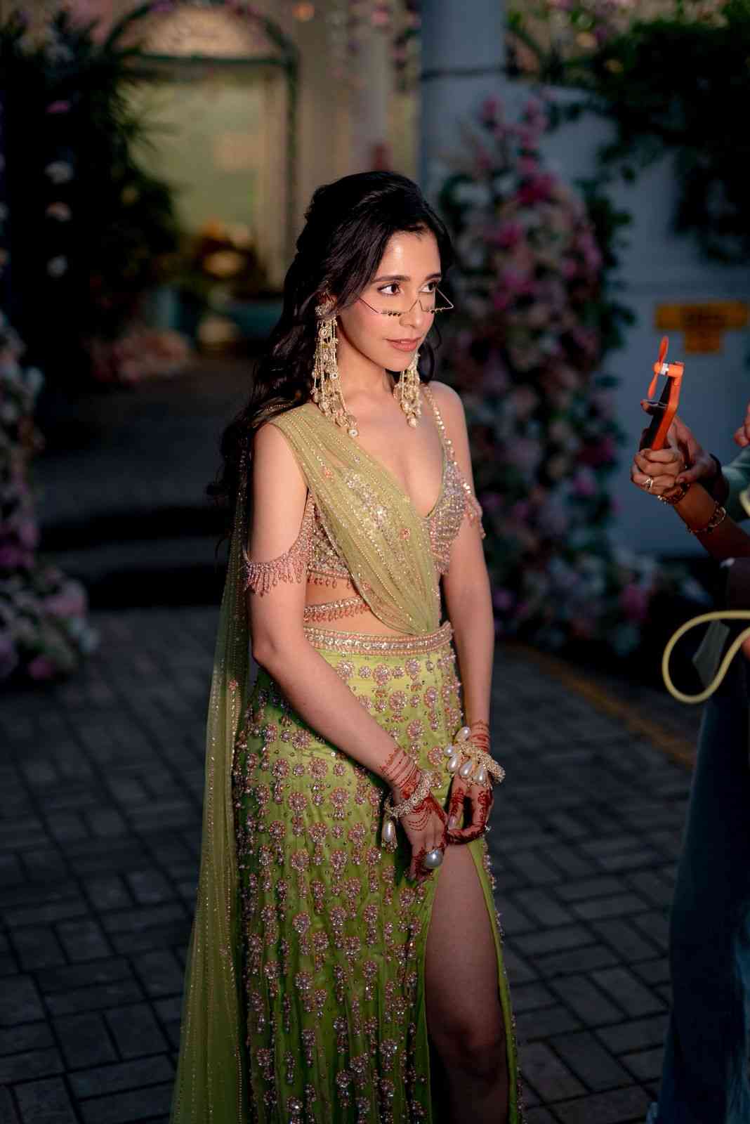 Lime green slit saree