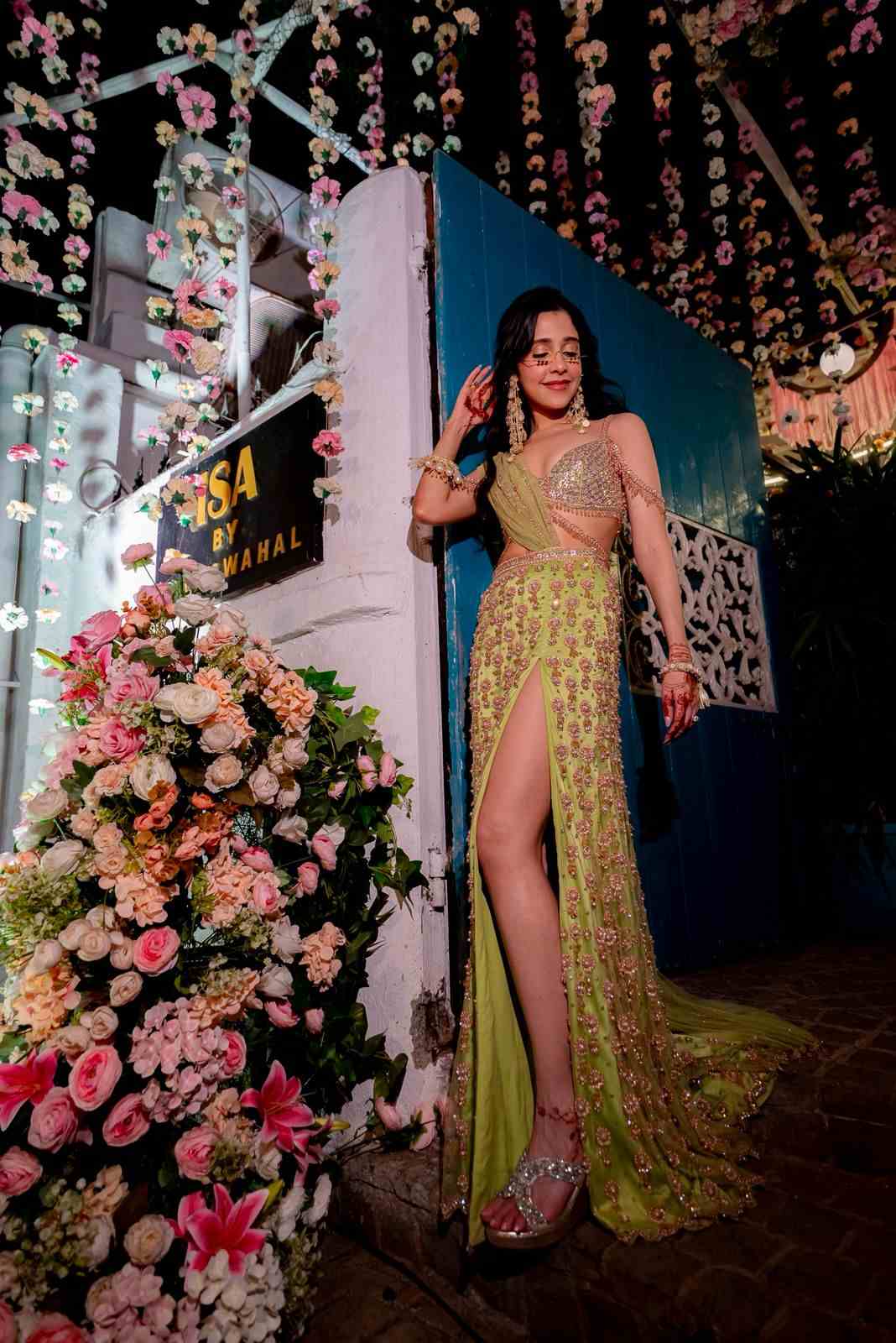 Lime green slit saree