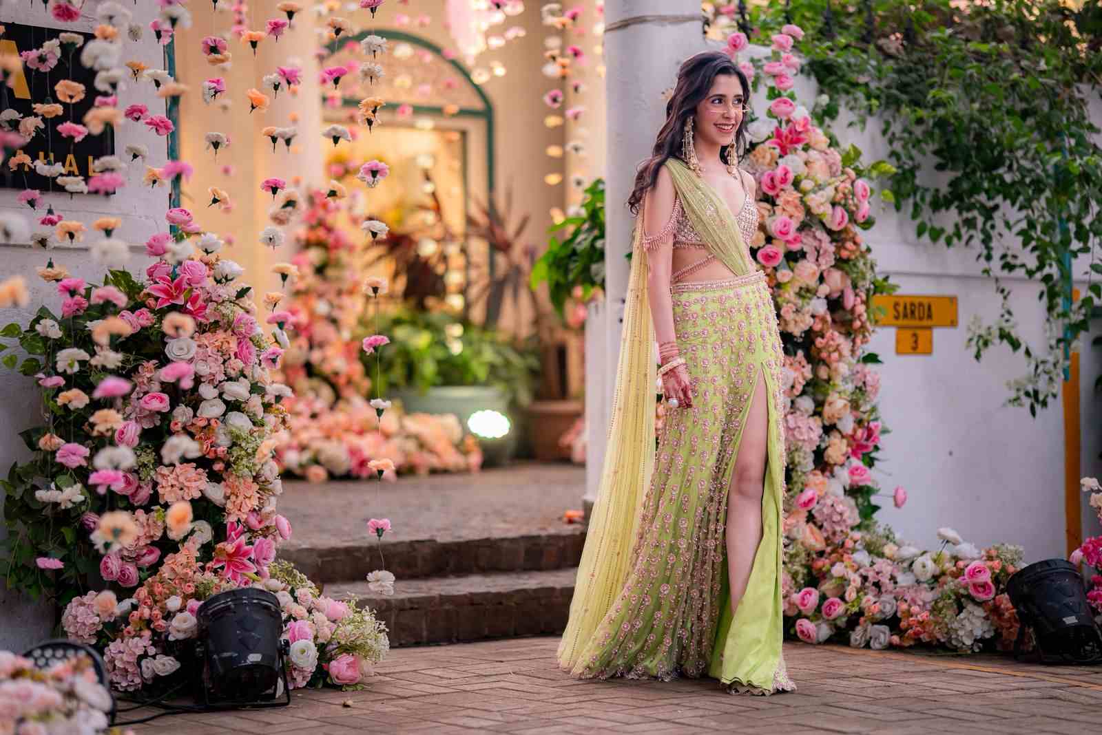 Lime green slit saree