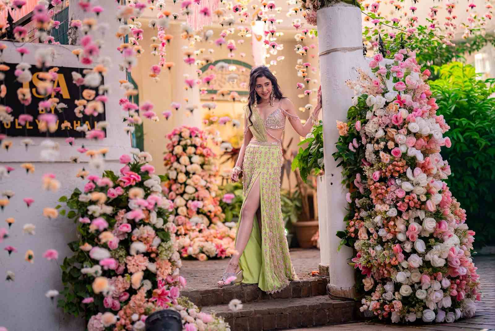 Lime green slit saree