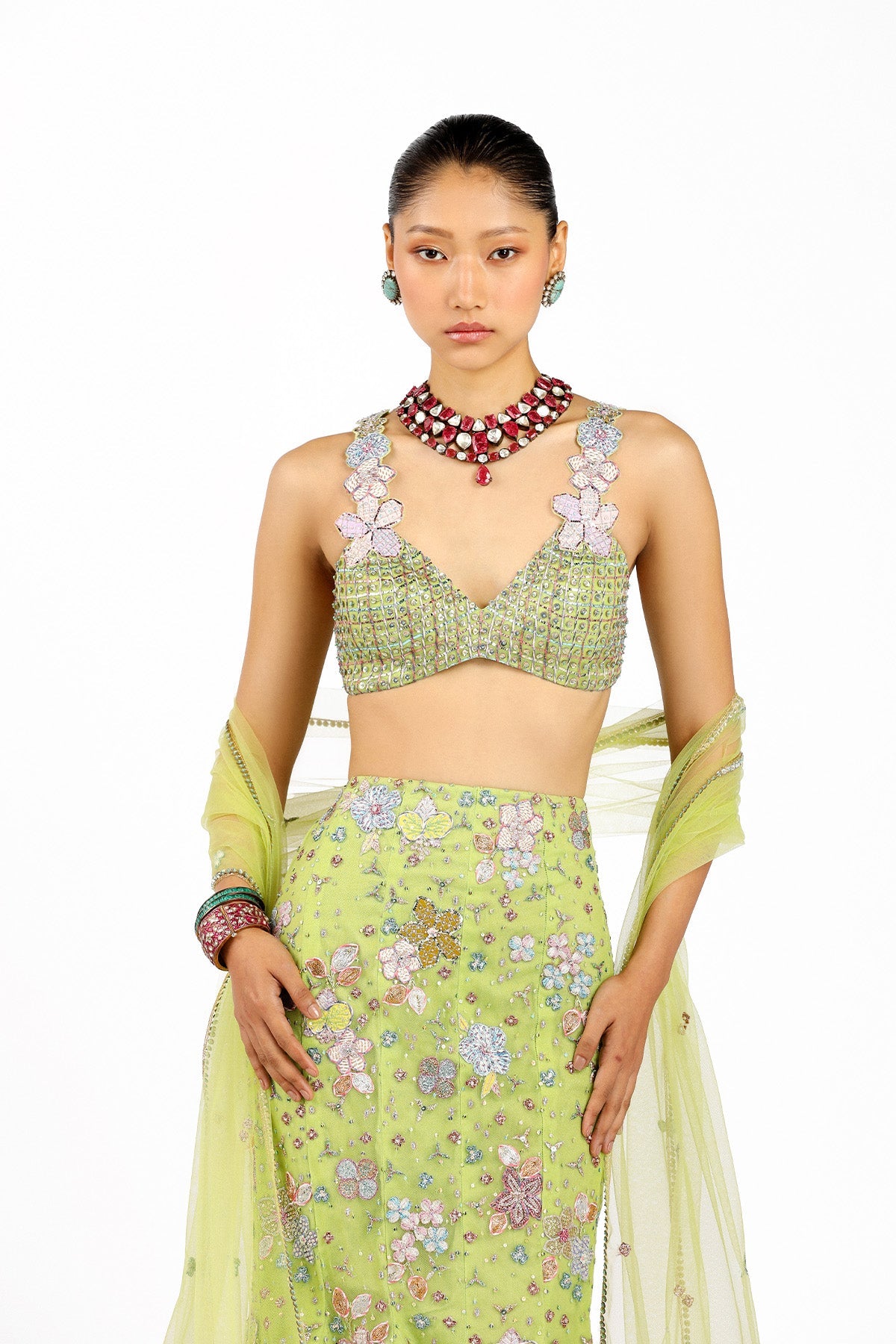 Verphine - Lime Green Tulle Mermaid Lehenga