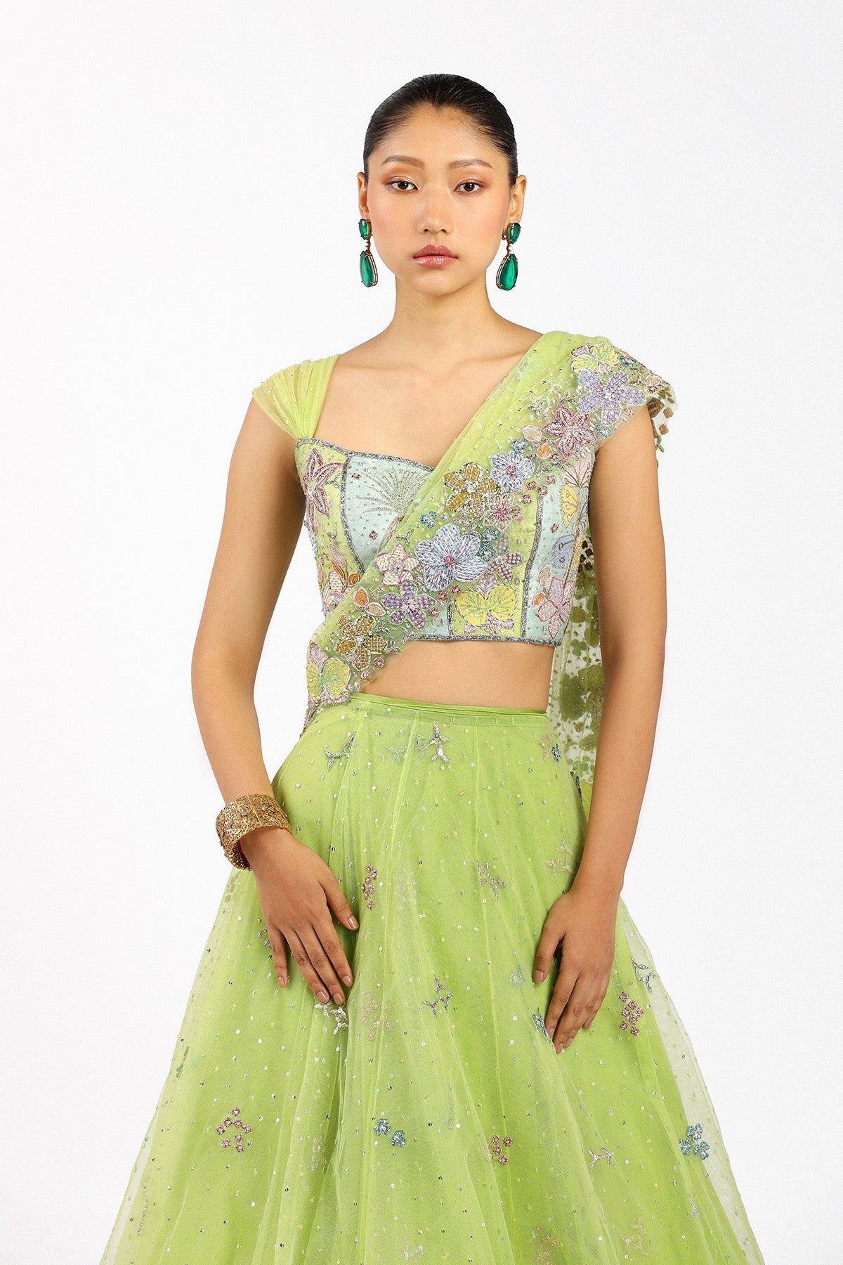 Azalée - Lime Green Tulle Saree Lehenga