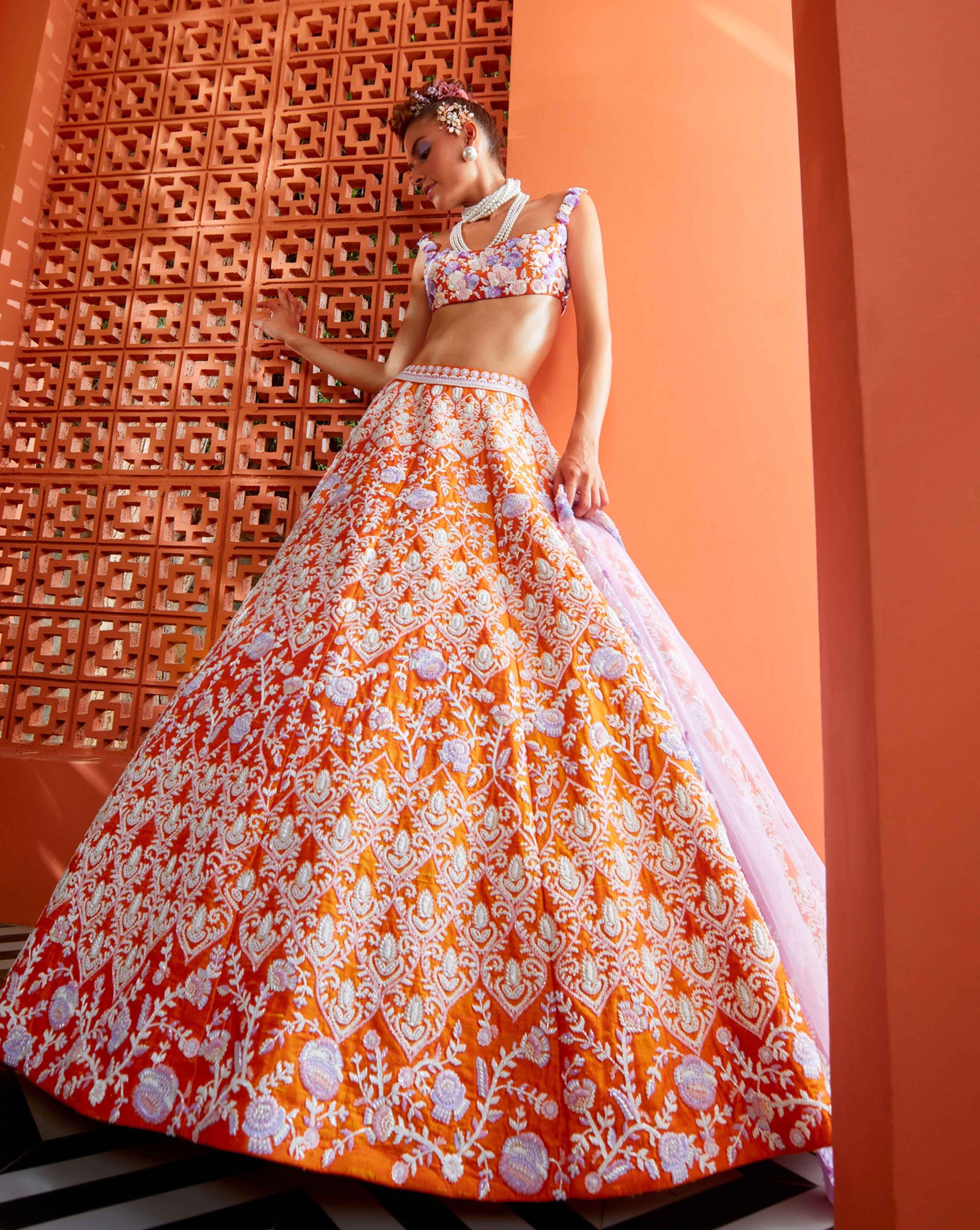 Glorious Outfit With Organza Silk Base White Orange Designer Lehenga Choli  With Shrug – Kaleendi