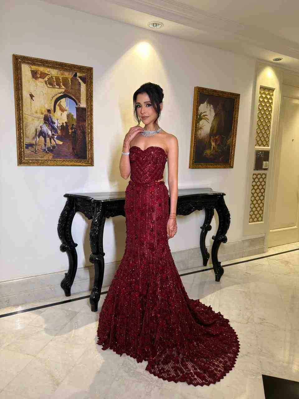Maroon corset fishcut lehenga