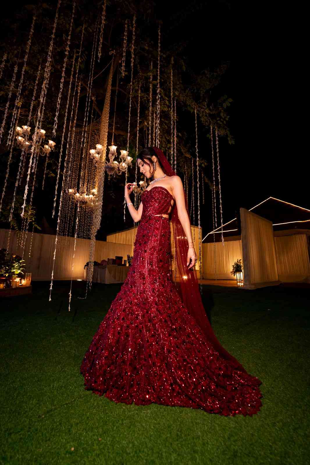 Maroon corset fishcut lehenga