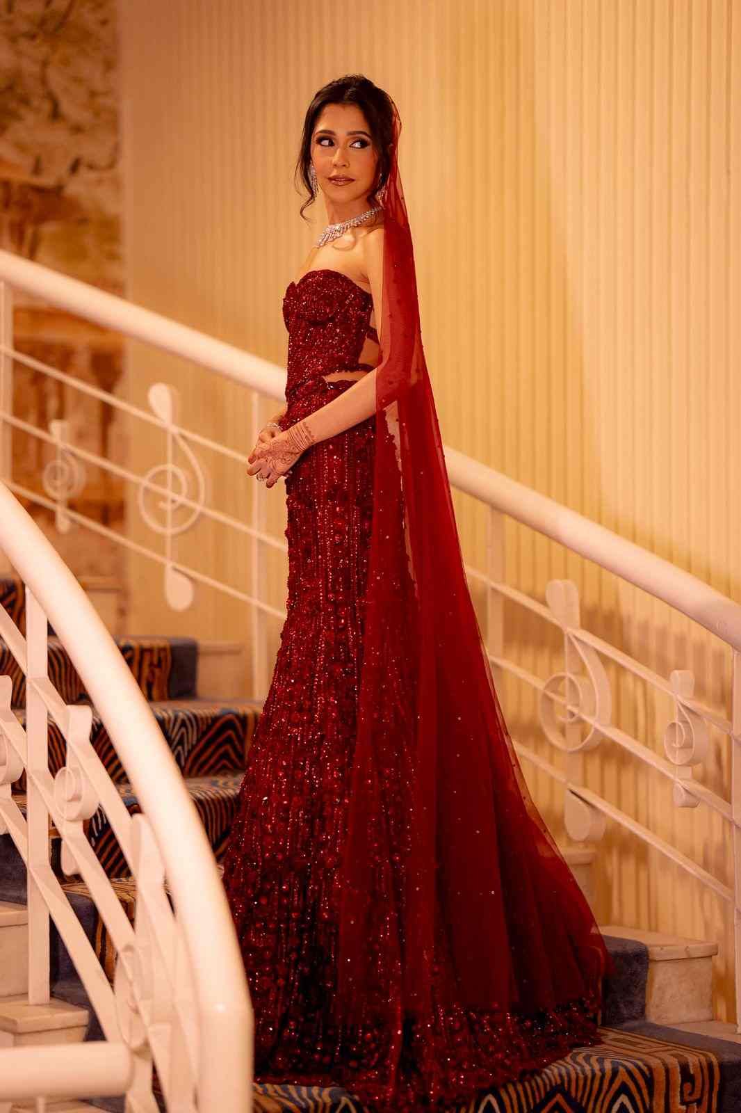 Maroon corset fishcut lehenga