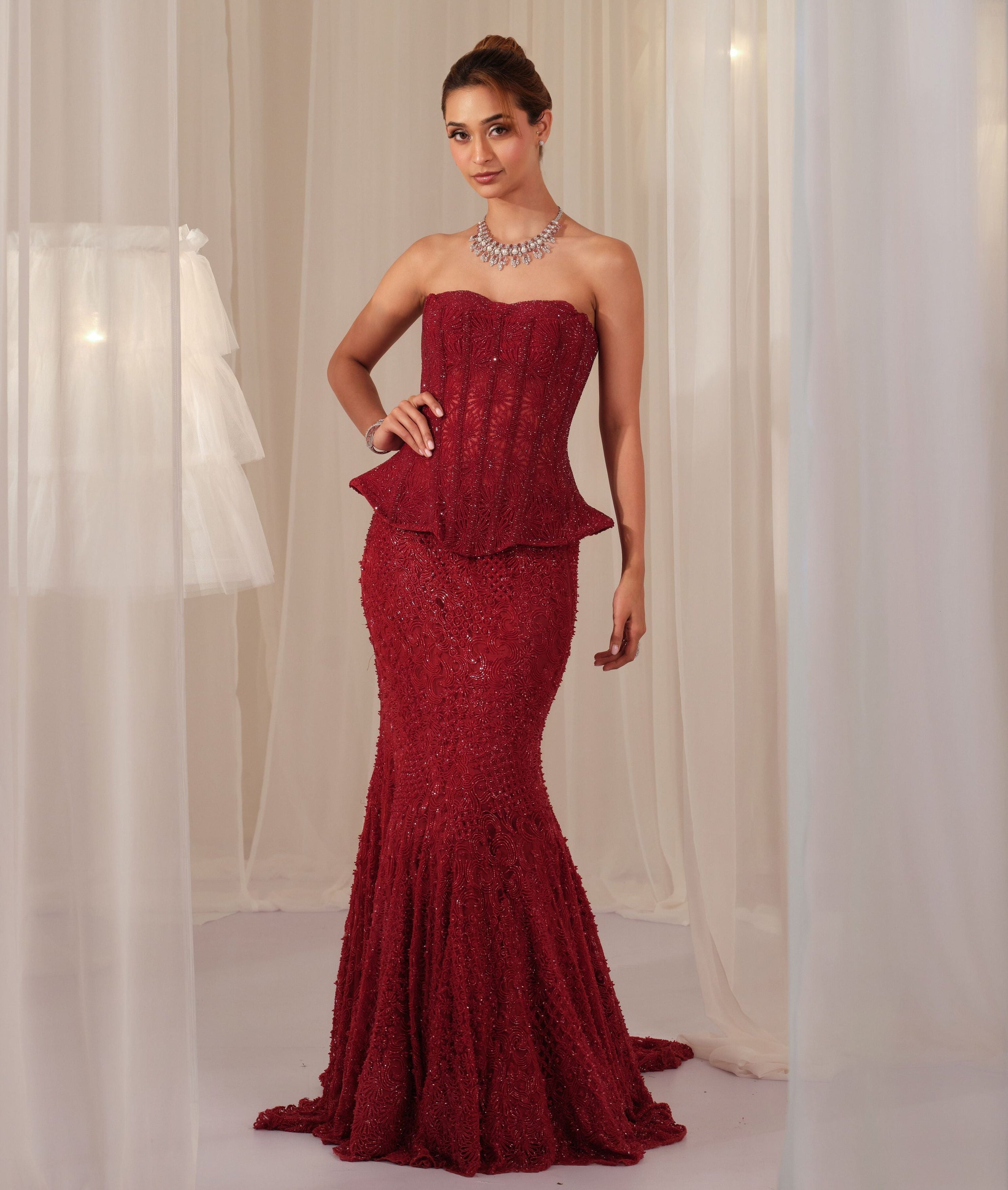 Maroon Corset With Fishcut Lehenga