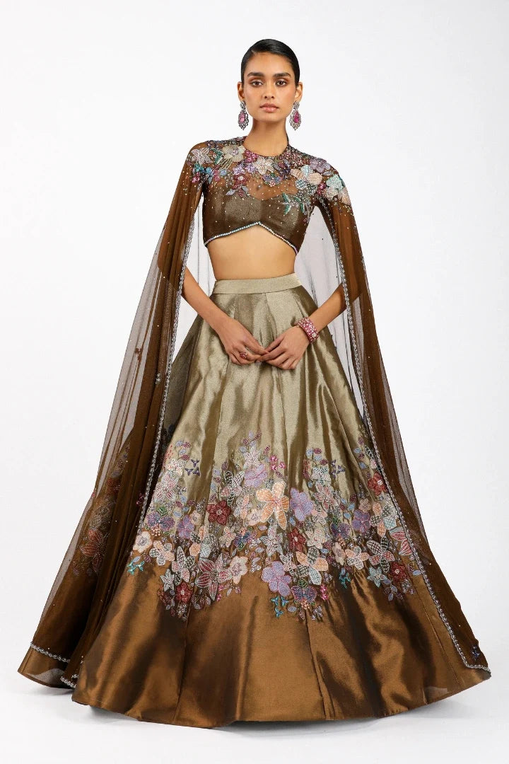 Aubépine - Copper Metallic Tissue Lehenga